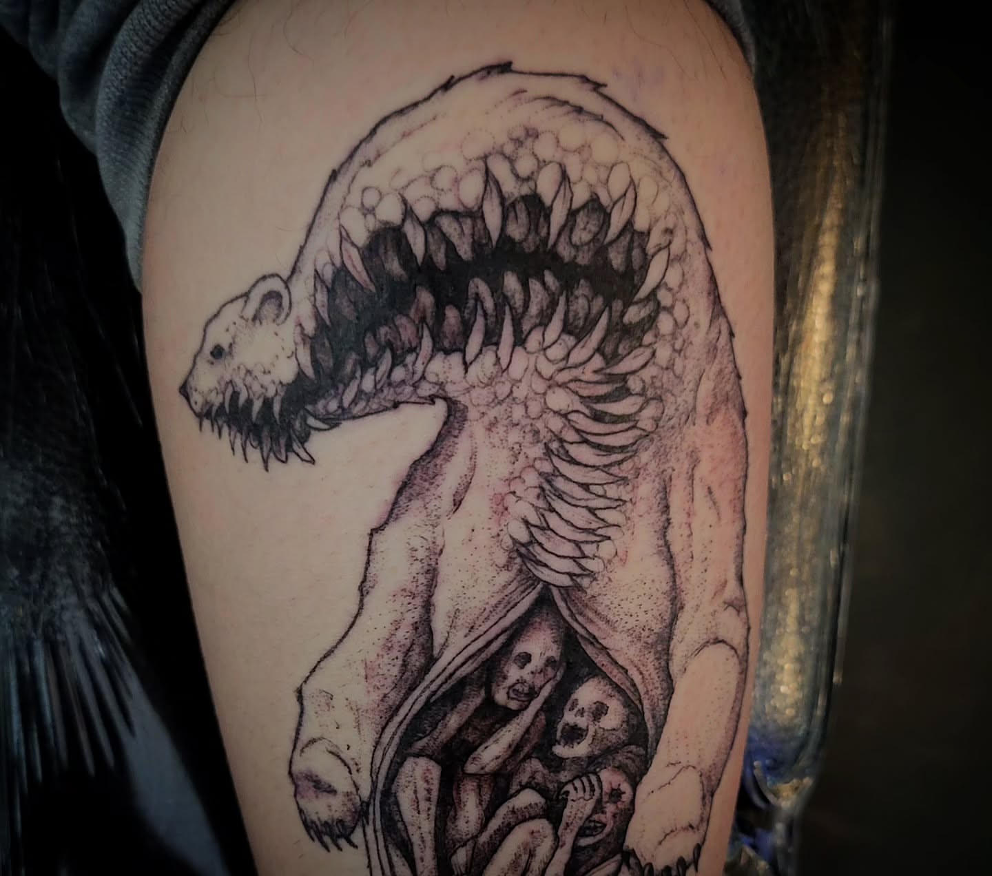 Monster dotwork tattoo on the thigh by brockton a f 💀