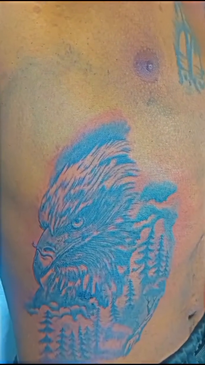 Eagle head with forest background realism tattoo on the chest by Mwangaza Bodyworks, Uthiru, Nairobi Area, Kenya
