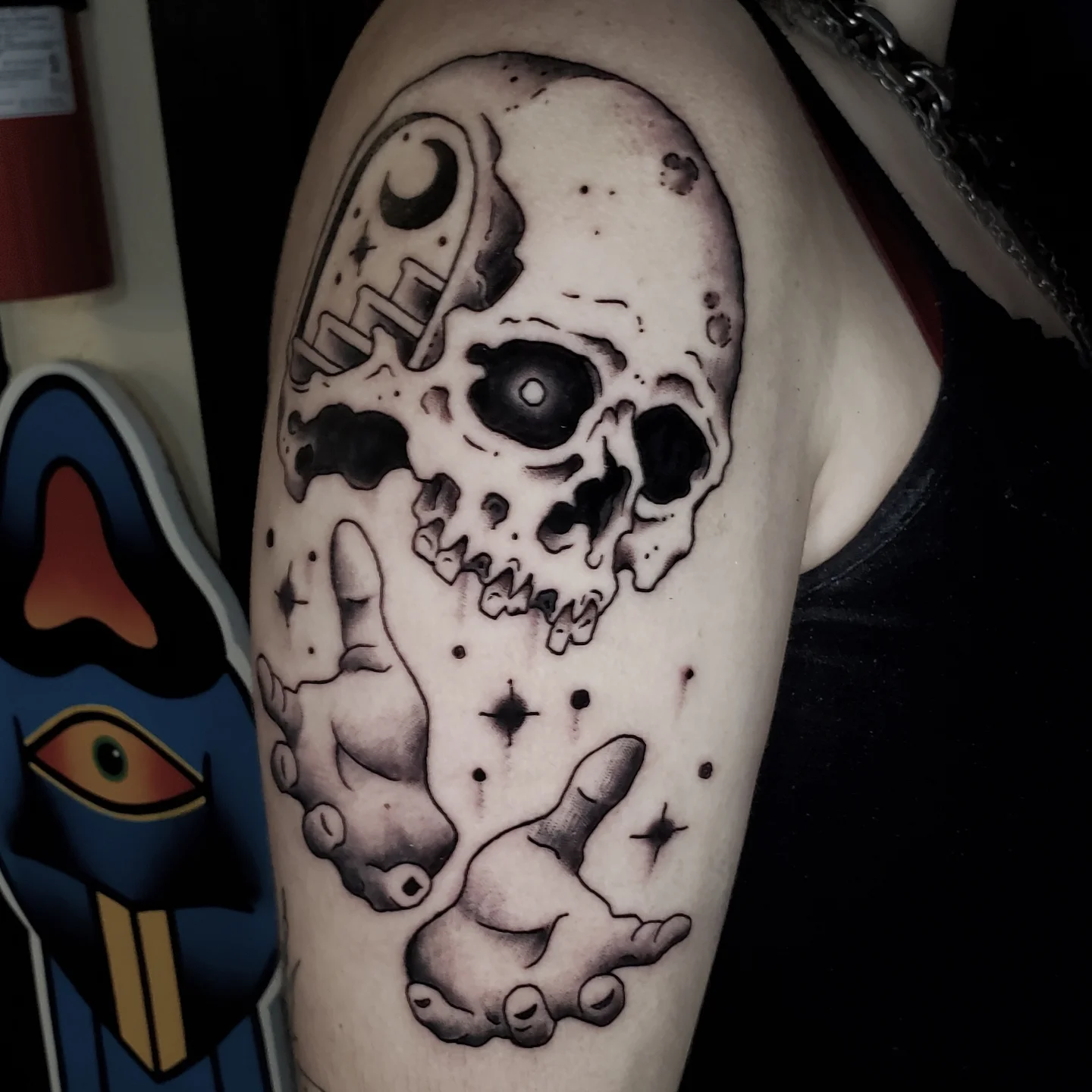 Skull and celestial elements dotwork tattoo on the forearm by ✙ 𝐉𝐃 𝐒𝐩𝐫𝐨𝐮𝐥 ✙, Austin, Texas