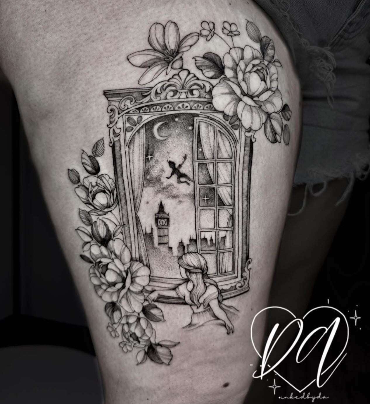 Window with fairy and cityscape realism tattoo on the thigh by Dalton Alexandria