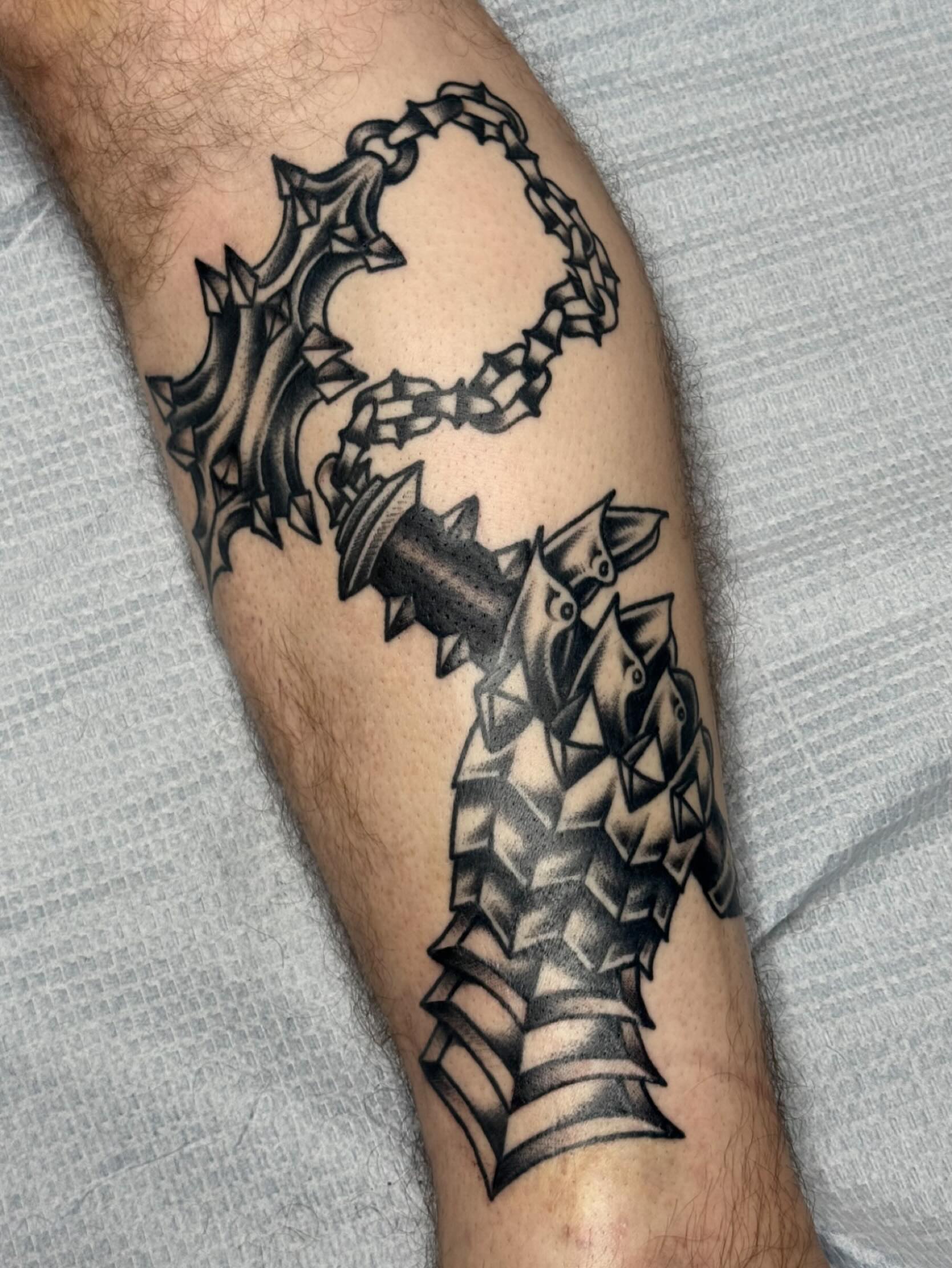 Tattoo by @crookedrain_crookedrain — black_and_grey, geometric
