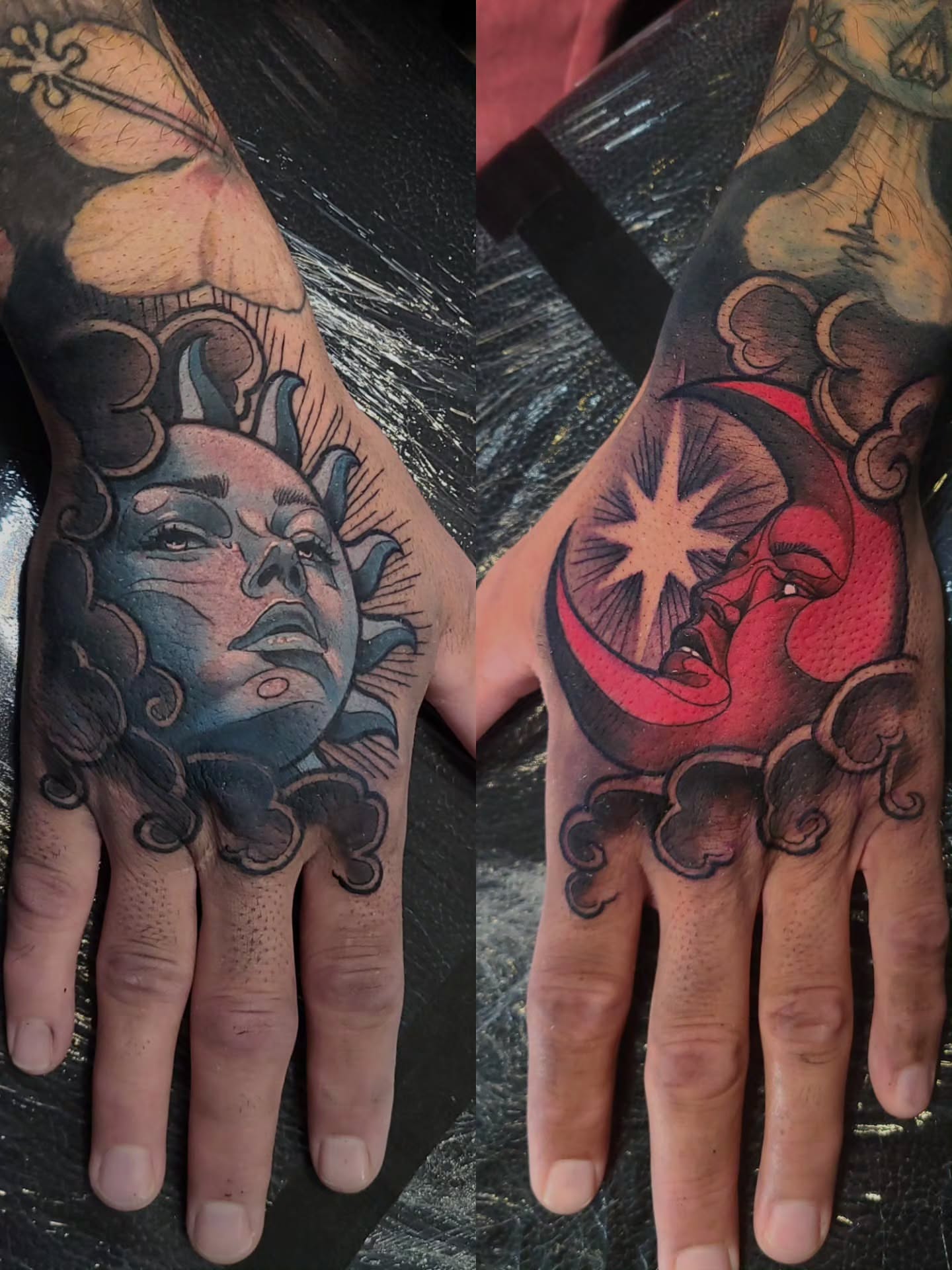 Moon and sun American traditional tattoo on the hand by Preston