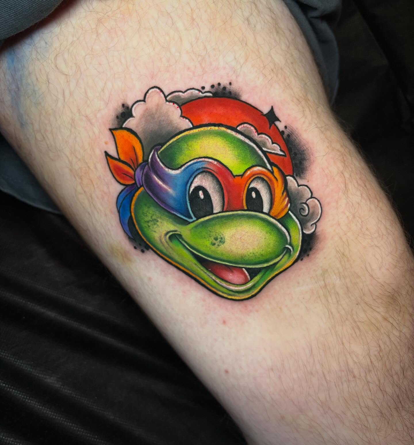 Teenage mutant ninja turtle American traditional tattoo on the thigh by Rachel Sellers