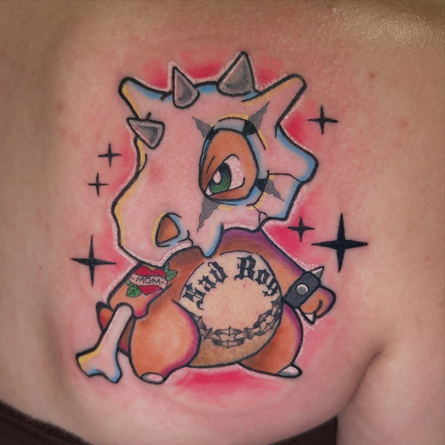 Dinosaur American traditional tattoo on the thigh by Mickey