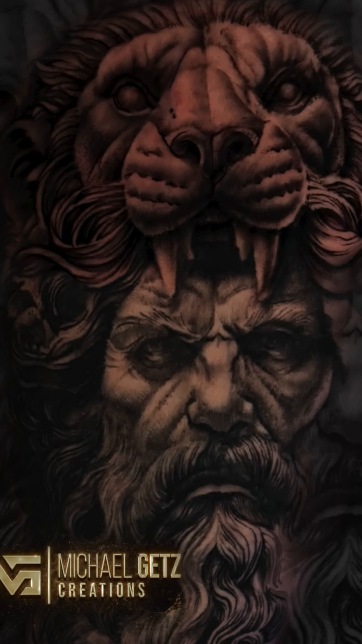 Man with lion headdress realism tattoo by Michael Getz