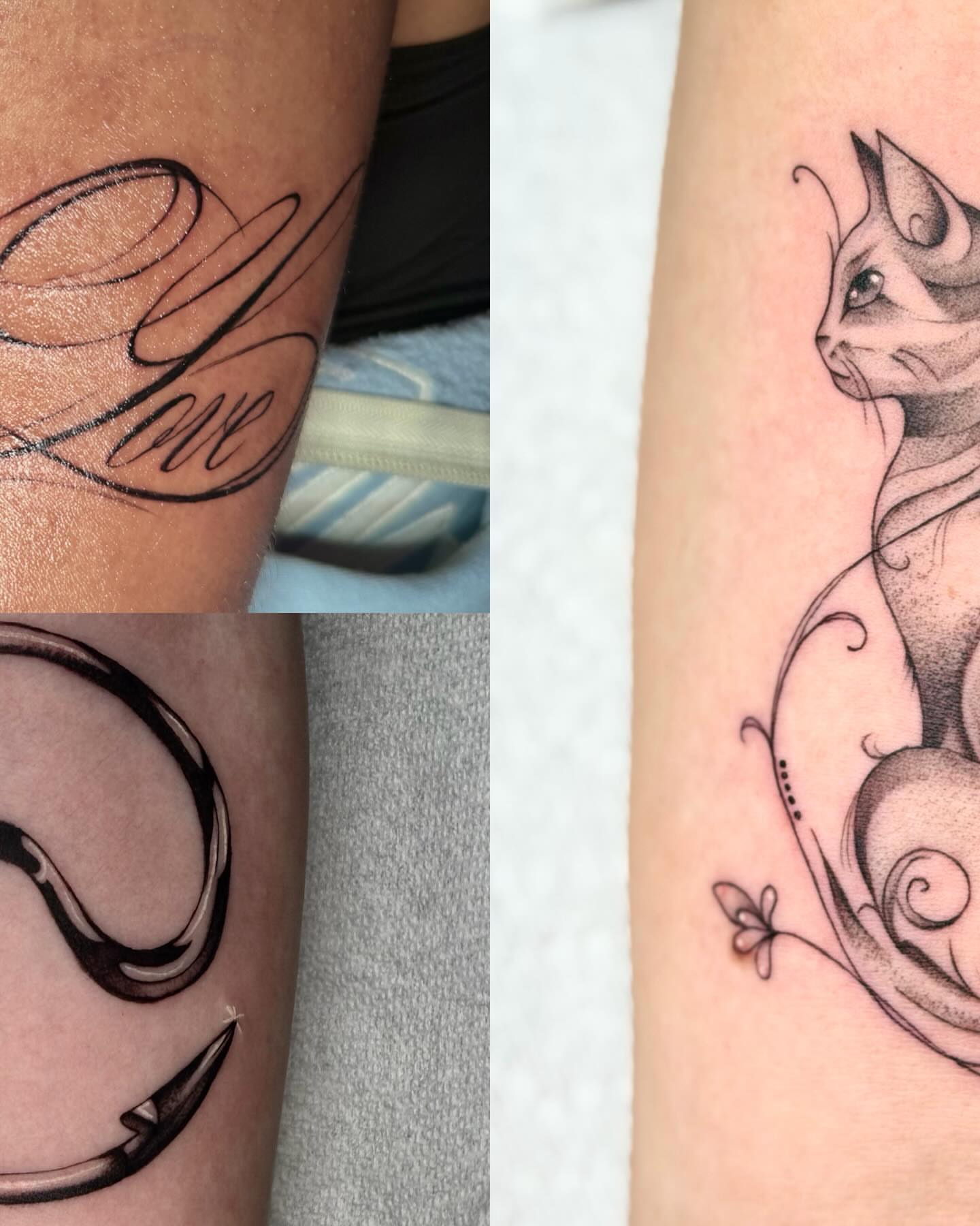 Cat black and grey tattoo on the forearm by Priscilla ☾ ⋆*・゚