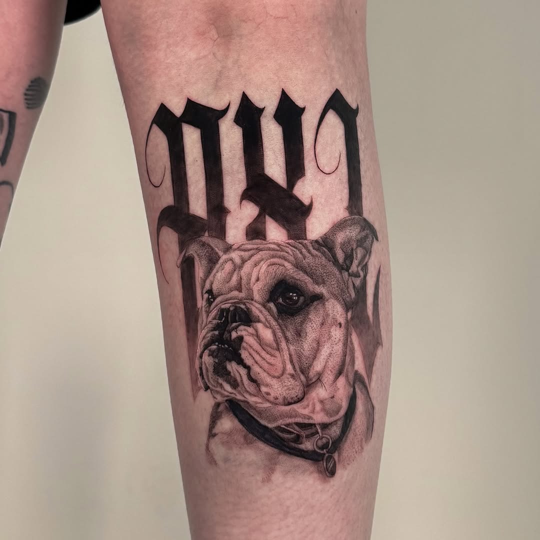 Bulldog and gothic lettering realism tattoo on the forearm by Brisia Cisneros