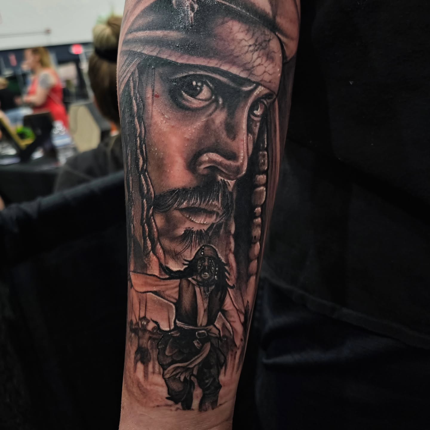 Pirate captain realism tattoo on the forearm by Christian Mulvey