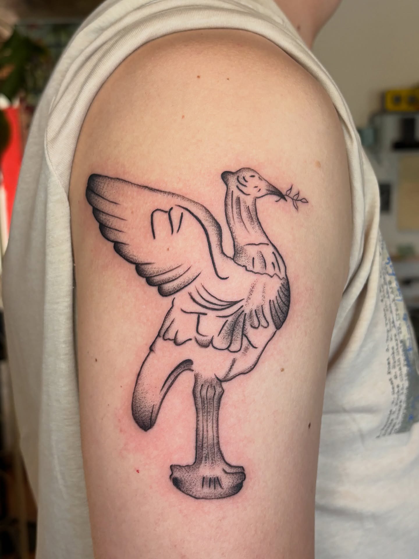 Heron dotwork tattoo on the shoulder by carla sofia