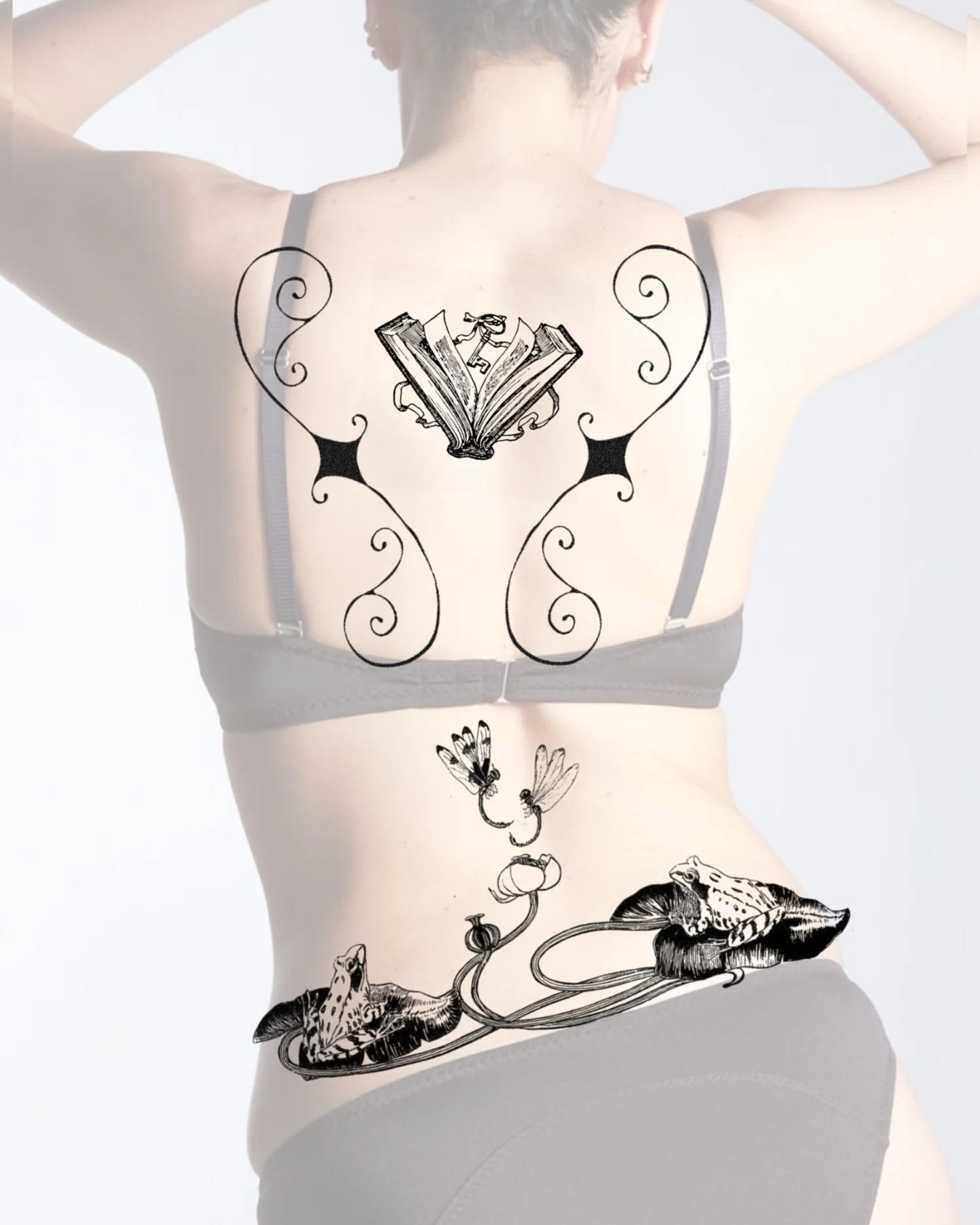 Book and mushrooms ornamental tattoo on the back by mila