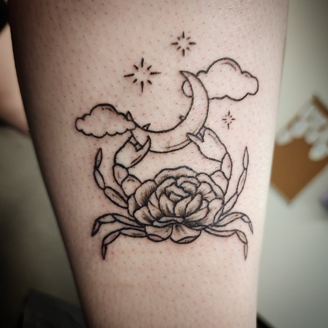 Crab with rose and moon fine line tattoo on the forearm by Anntonietta Borzacchiello
