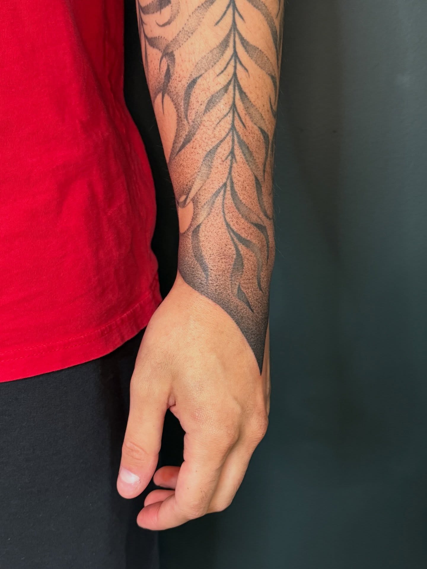 Feather dotwork tattoo on the forearm by Paul DeVay