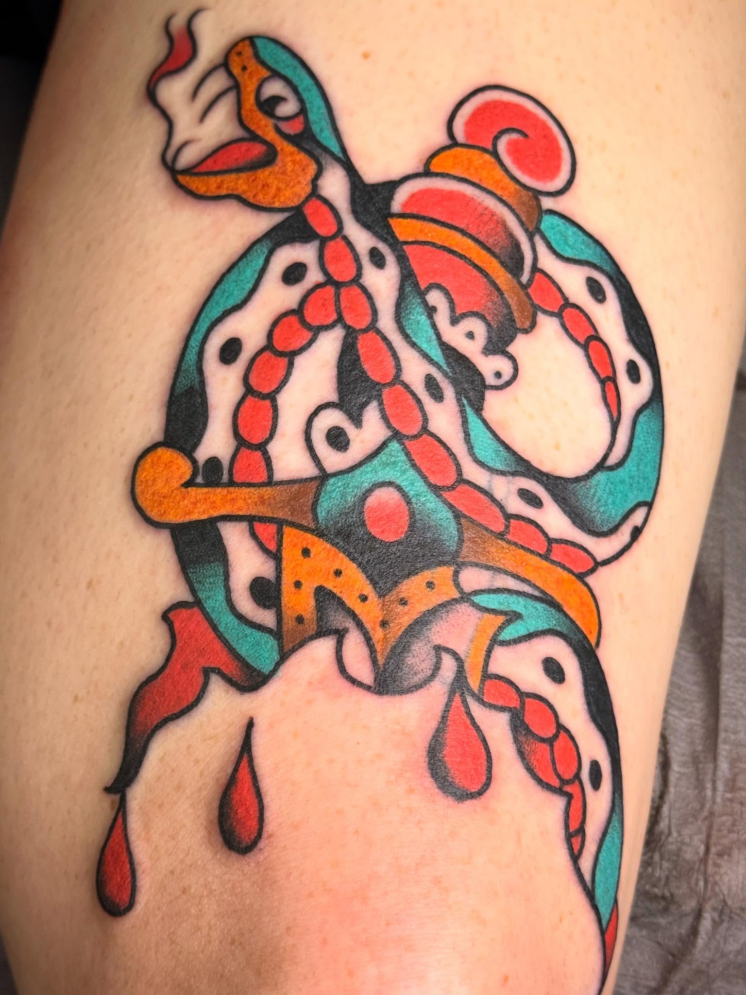 Abstract creature American traditional tattoo on the thigh by 🕸curtis Fink🕸