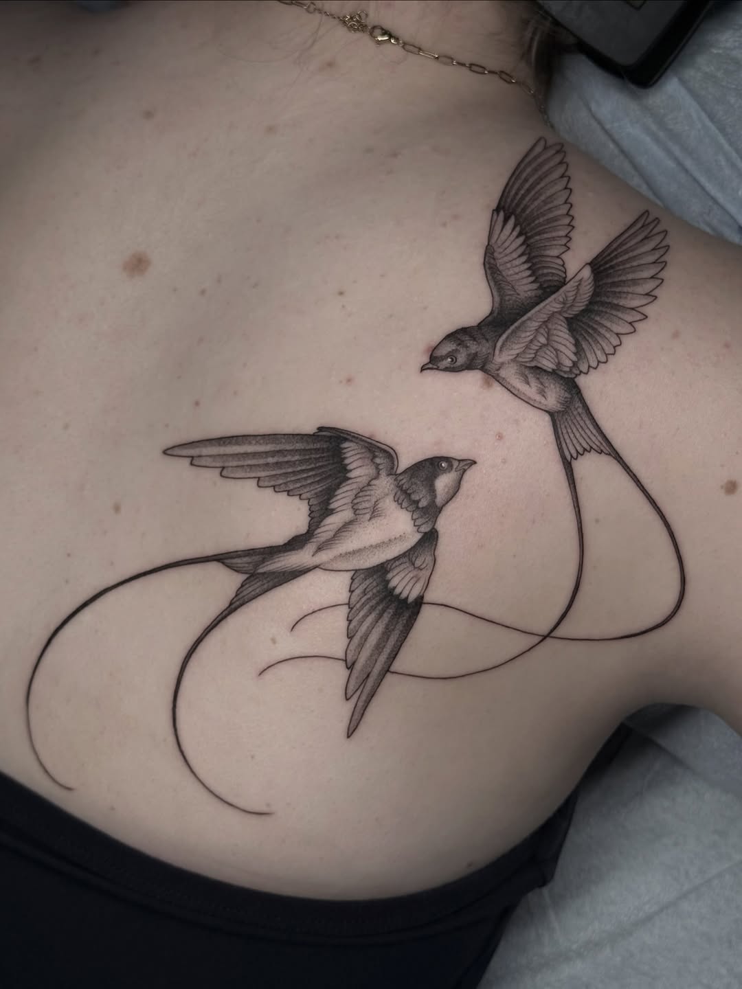 Two swallows in flight fine line tattoo on the back by Carlos Abad