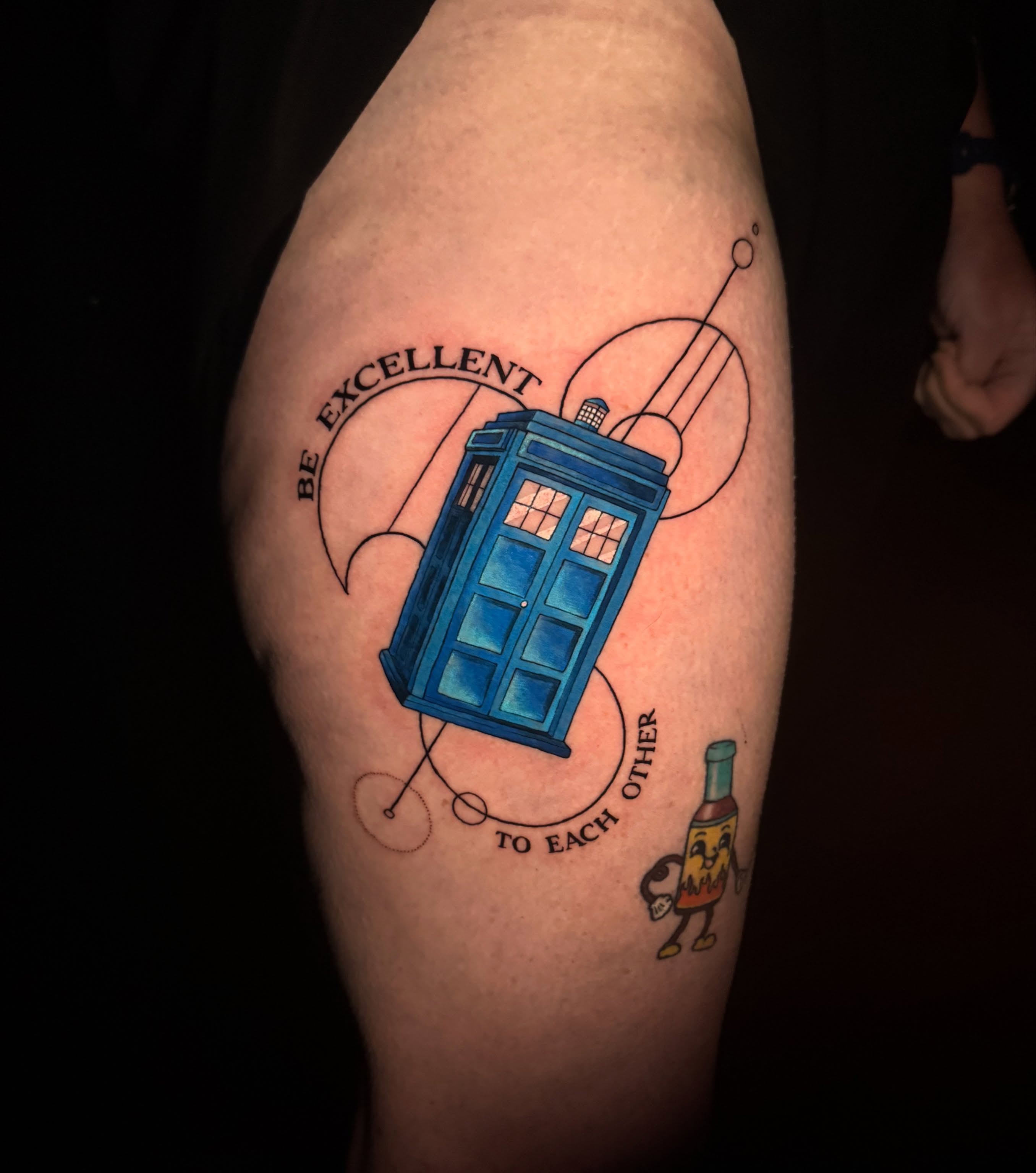 TARDIS and Mr. Potato Head dotwork tattoo on the forearm by Lauren B