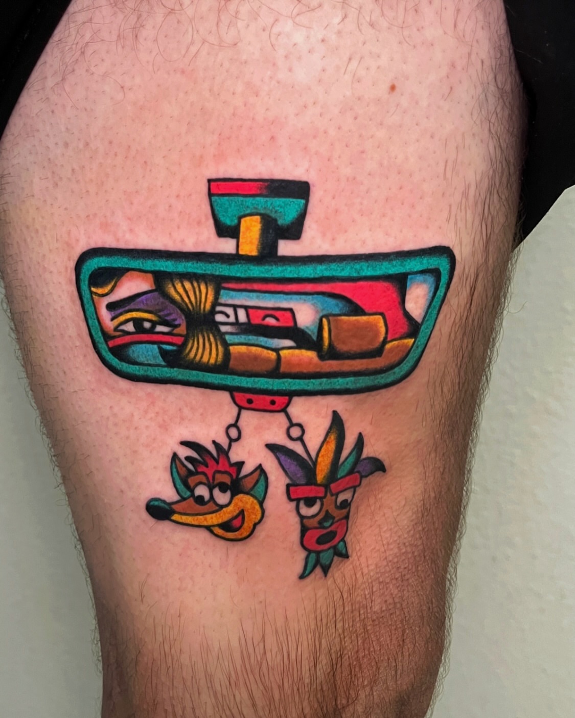 Pirate ship and masks American traditional tattoo on the thigh by Tattoo Dust ☻ Los Angeles