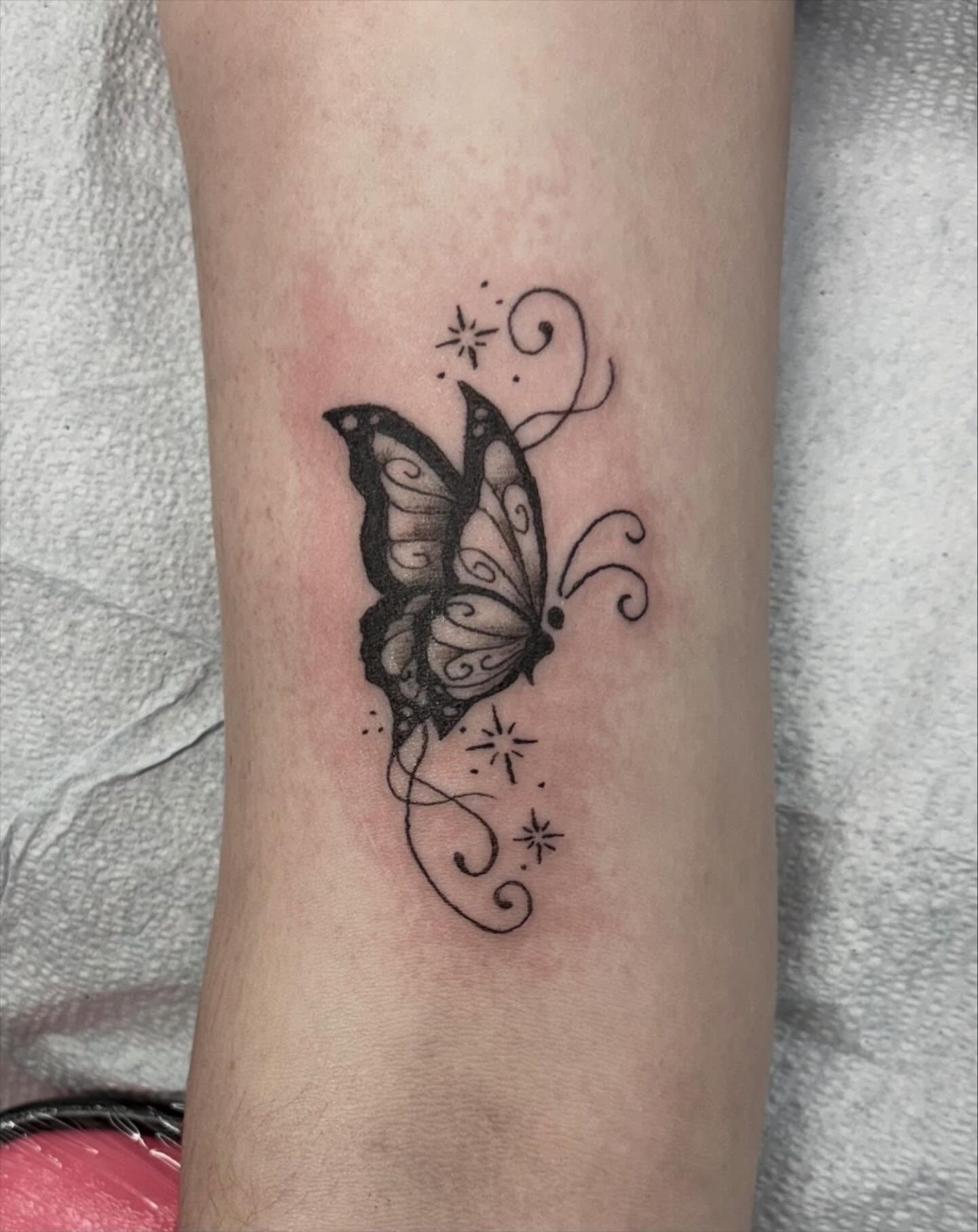 Butterfly black and grey tattoo on the forearm by ✮ ✄ star ✮ ✄