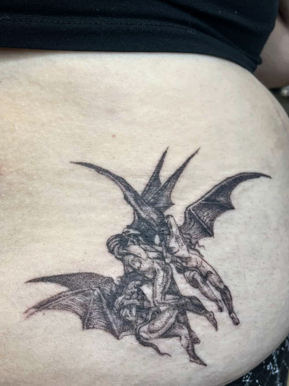 Demon black and grey tattoo on the thigh by ★ Val! ★ Tattoo Artist