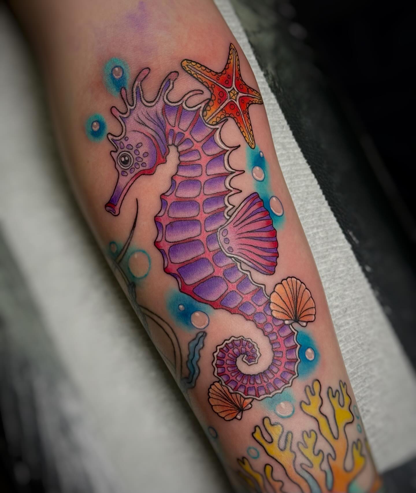 Seahorse new school tattoo on the forearm by 𓍊𓋼 Joana Diane Tattoos 𓋼𓍊