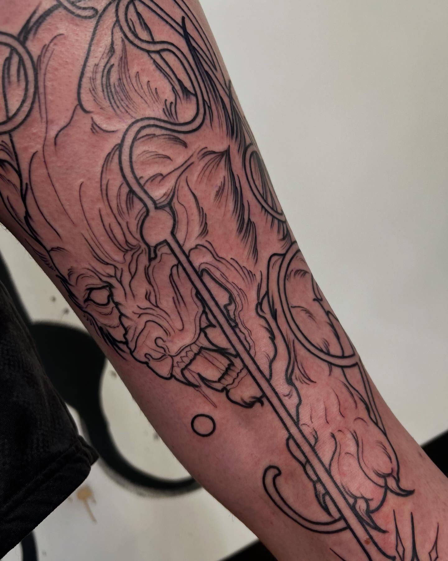 Bull skull black and grey tattoo on the forearm by Kayla Fay, Baton Rouge, Louisiana