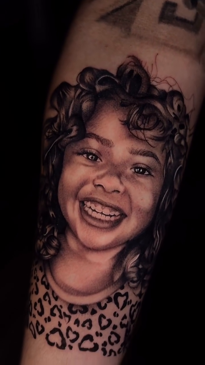 Portrait of a child Chicano tattoo on the forearm by Savana ☆
