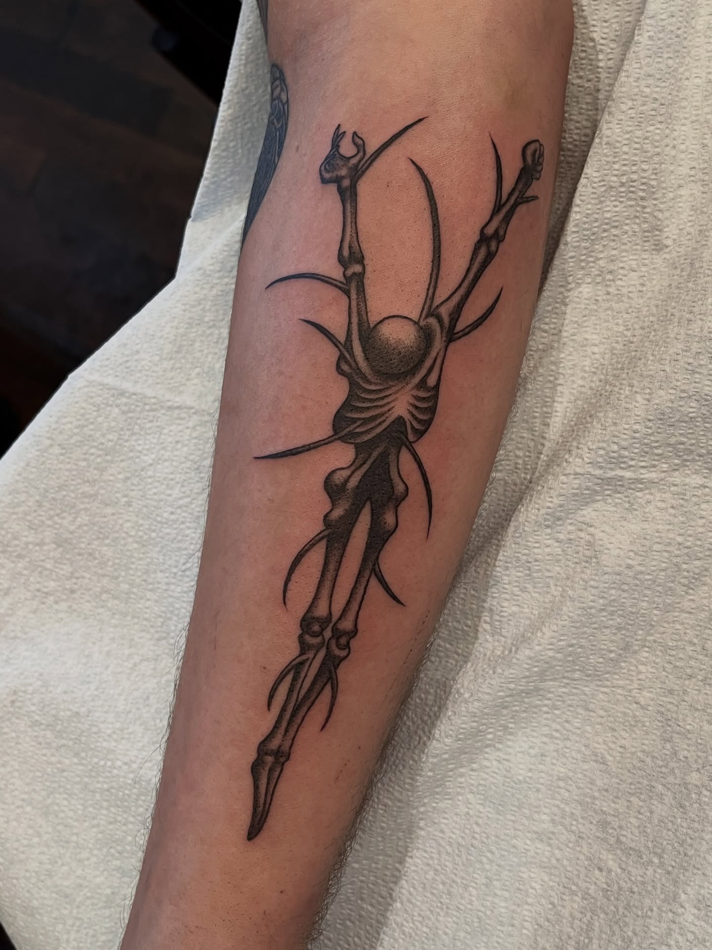 Skeleton black and grey tattoo on the forearm by Campbell Zane Alexander