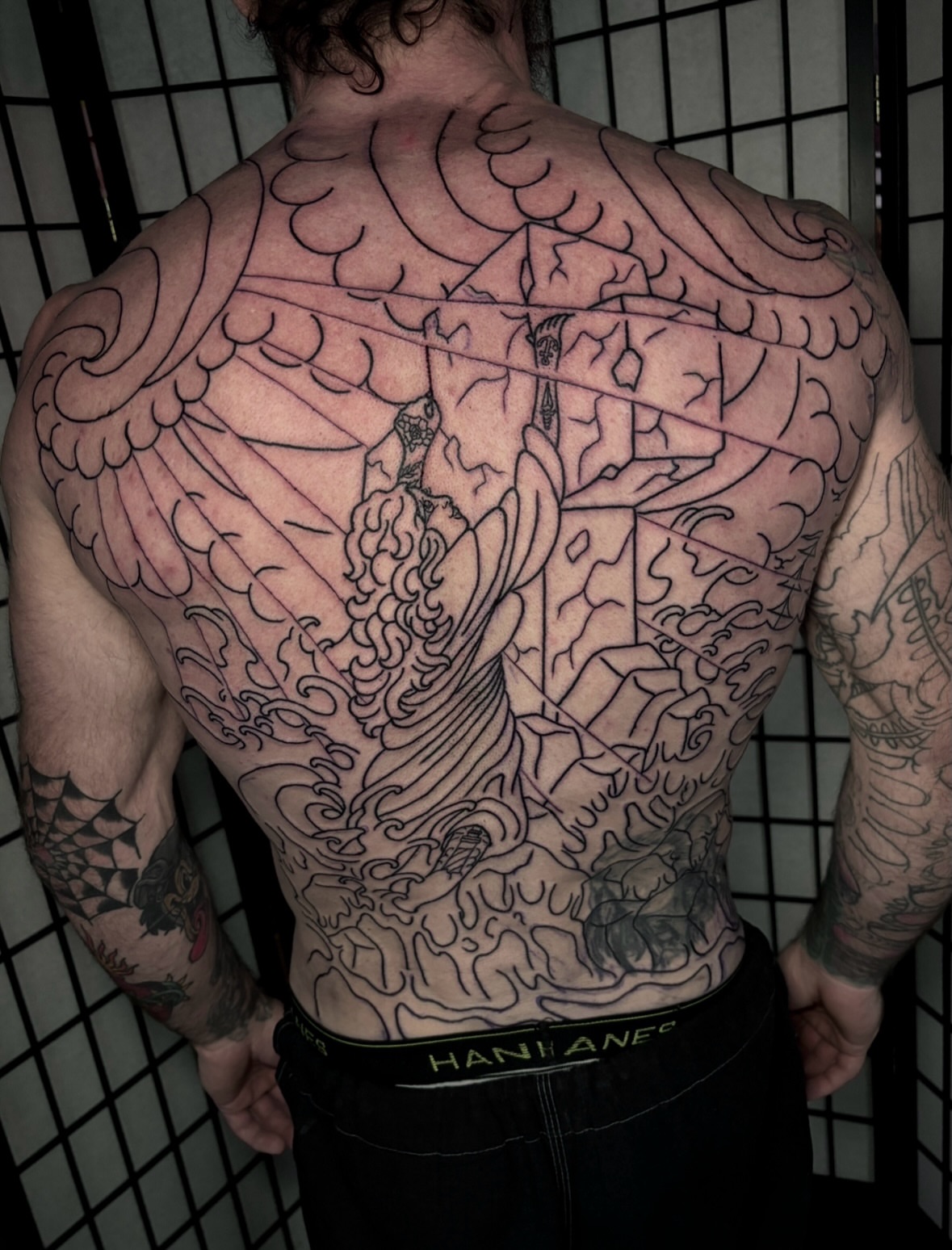 Mountain and crane black and grey tattoo on the back by Mickey Putillo, Charlotte, North Carolina