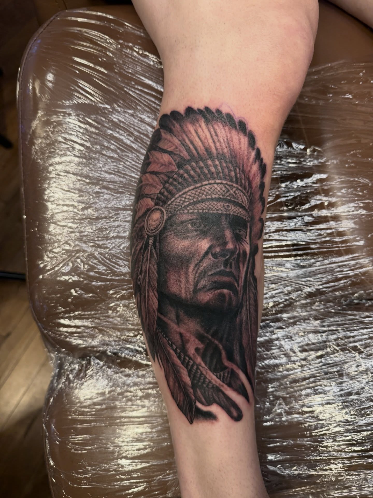 Indian chief realism tattoo on the forearm by steven