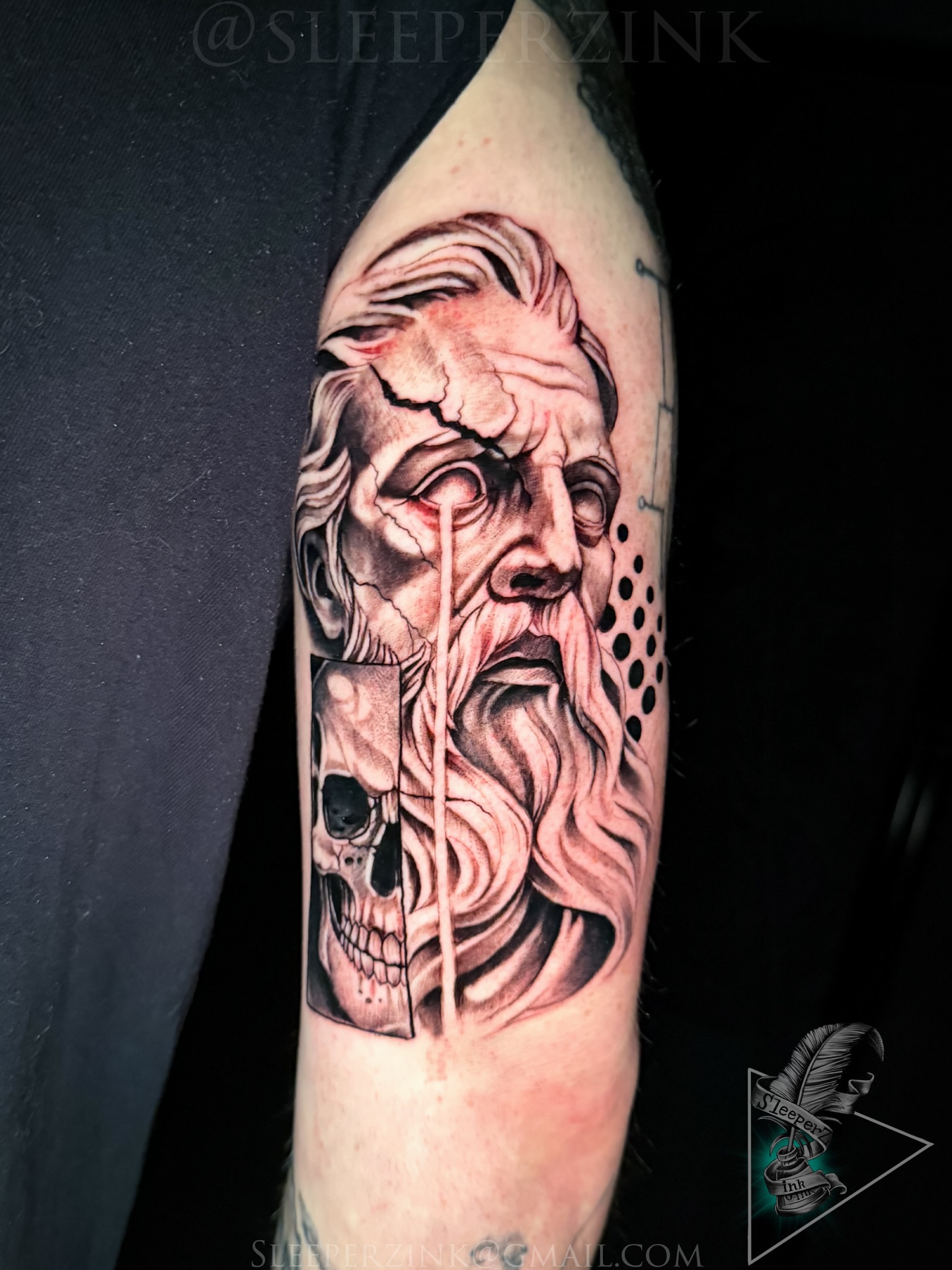 Bearded man realism tattoo on the forearm by Travis Sleeper