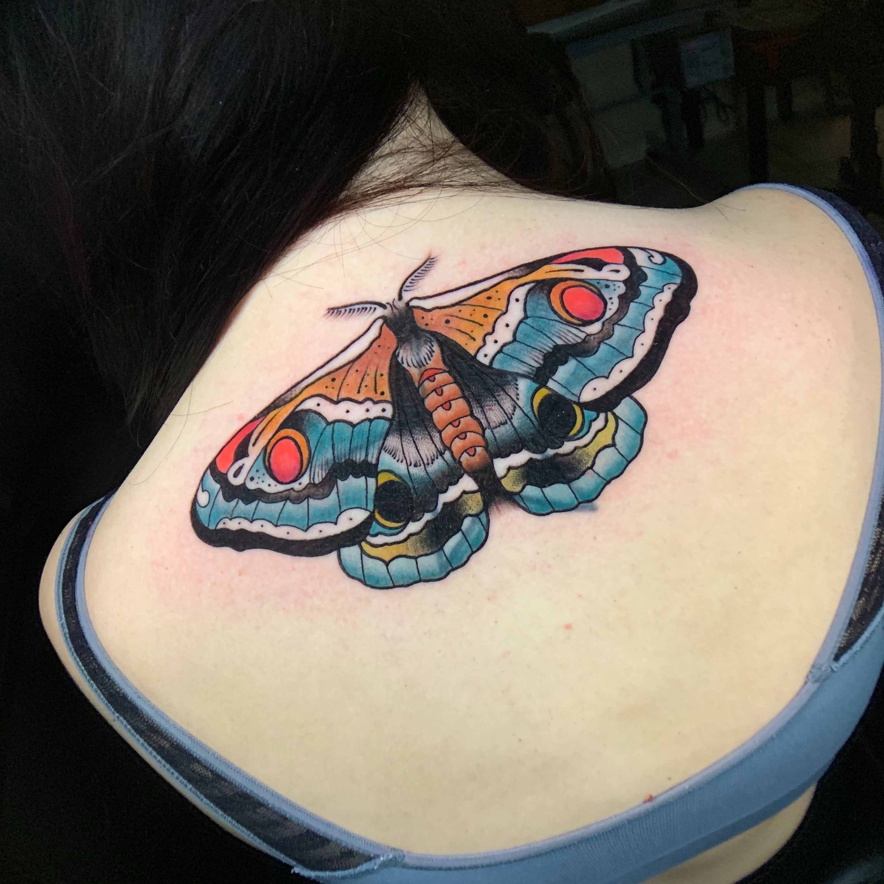 Butterfly American traditional tattoo on the back by Danny Pando
