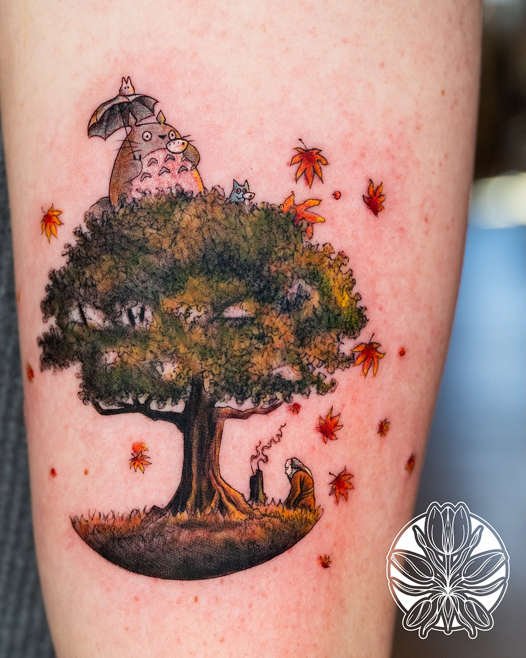 Tree with totoro watercolor tattoo on the forearm by Ori Merchan Tattoo, Kansas City, Missouri