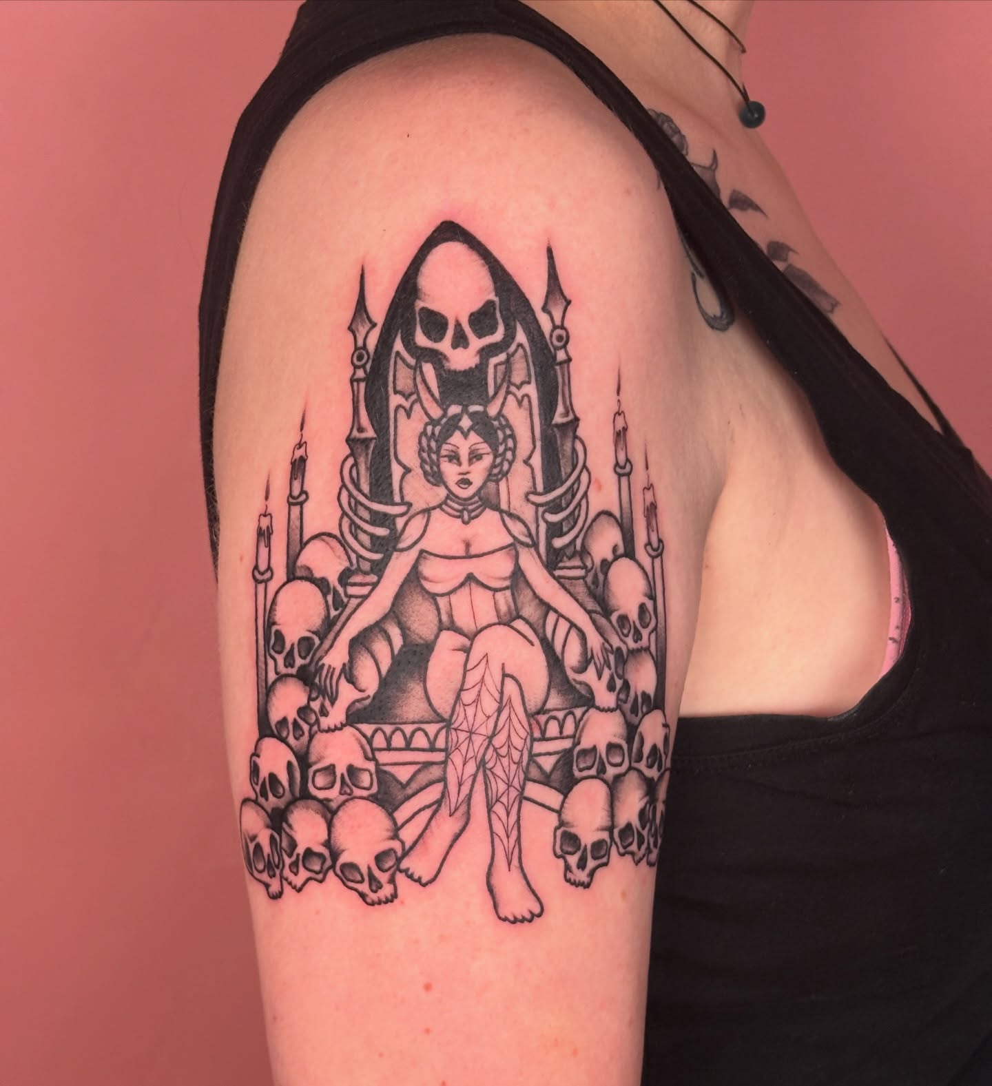 Woman on throne dark realism tattoo on the shoulder by Car🦋🌈 Dallas Tattoo Artist💖