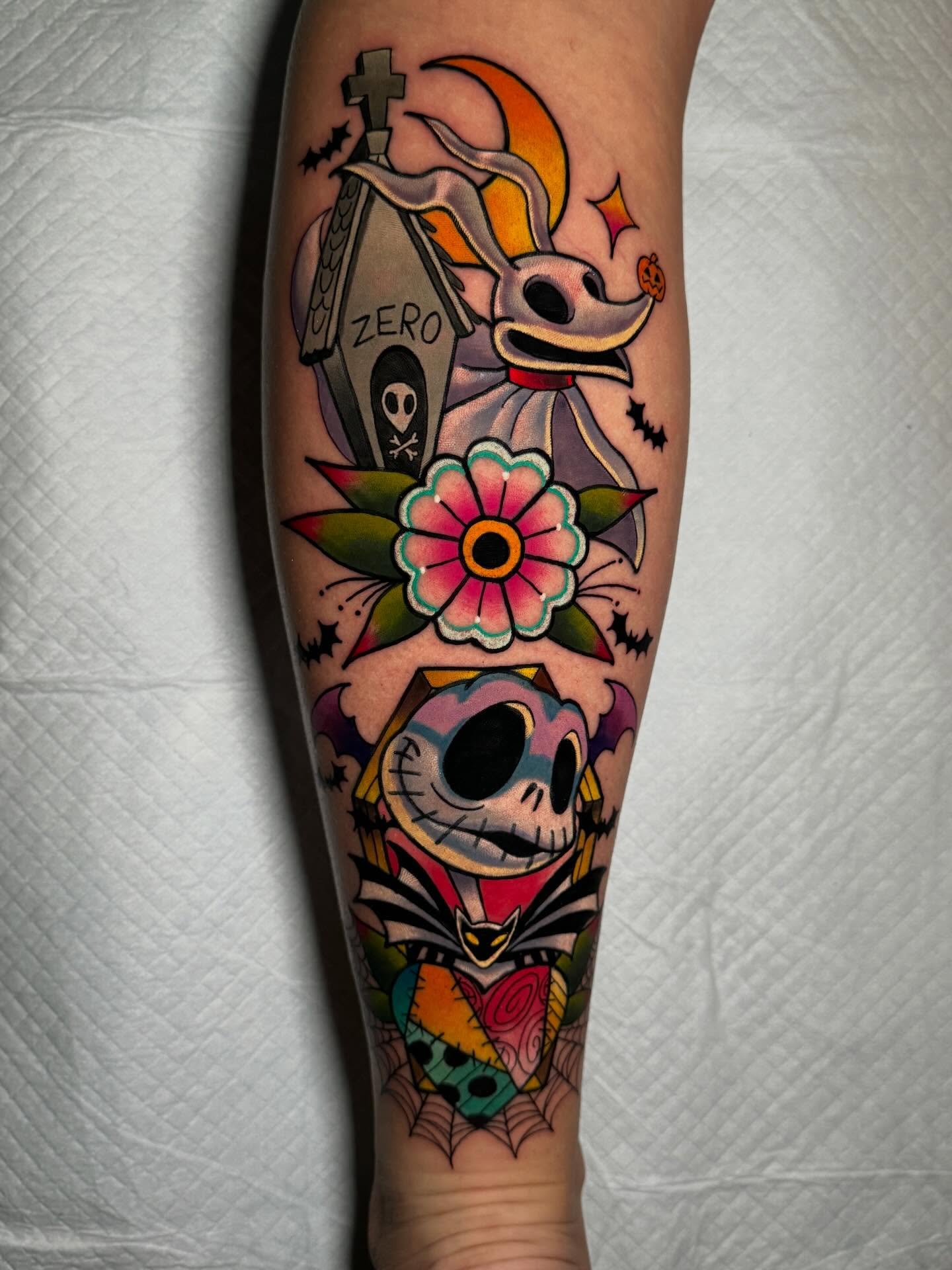 Tim burton-inspired characters American traditional tattoo on the forearm by Tattoo Bam Bam