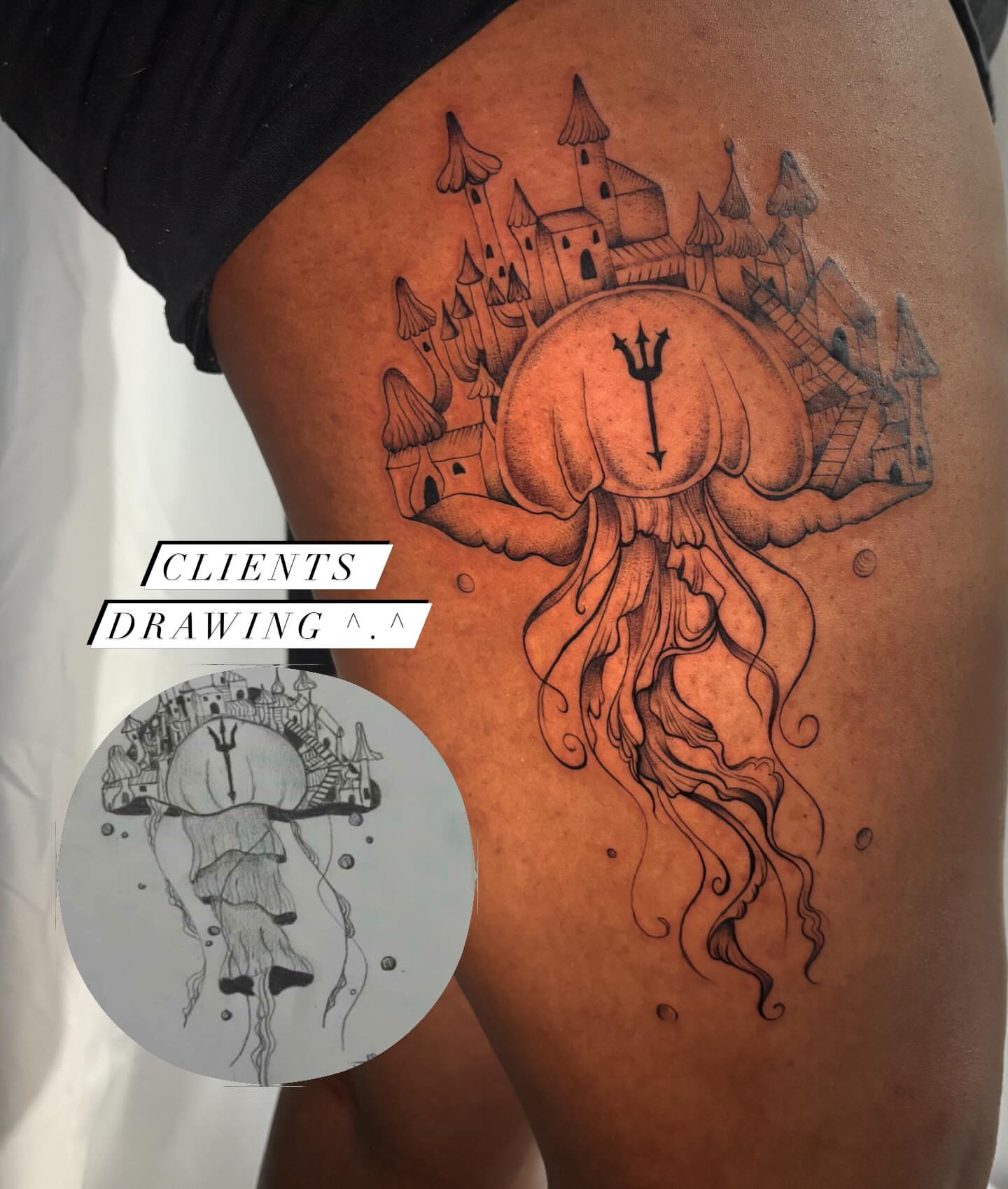 Jellyfish castle realism tattoo on the thigh by ꩜ 𖦹