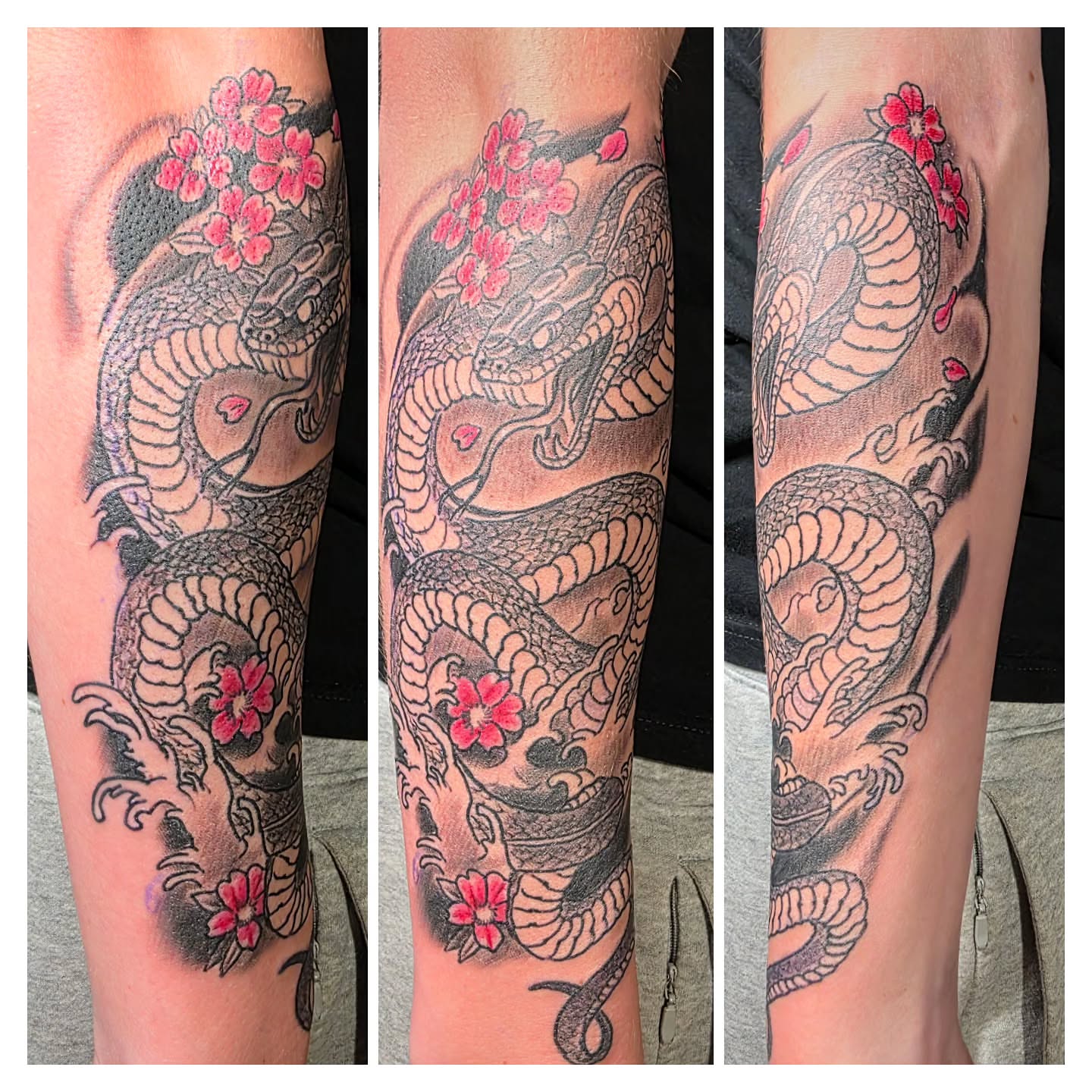 Dragon and cherry blossoms japanese irezumi tattoo on the forearm by Rusty Williams