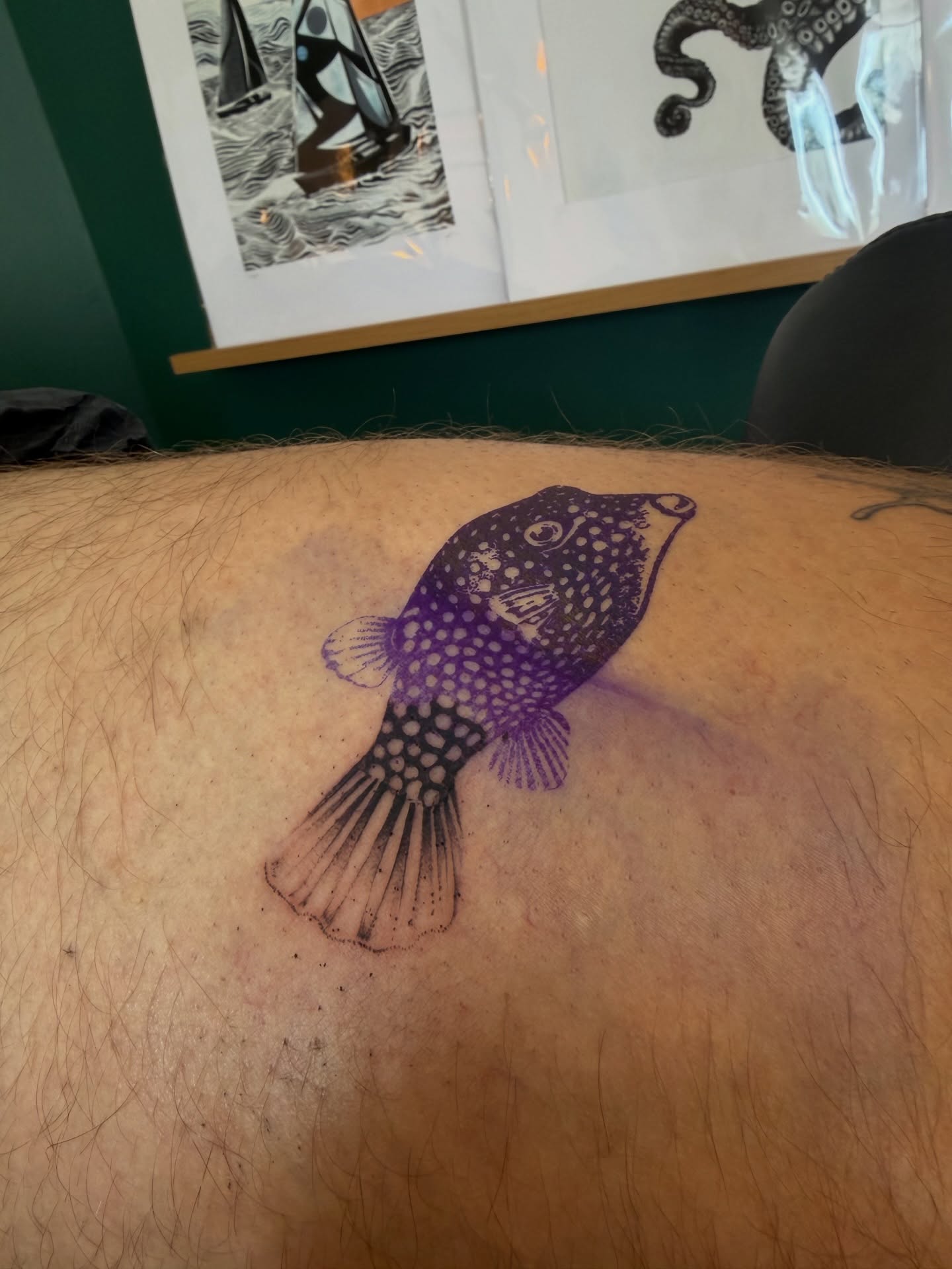 Boxfish dotwork tattoo on the thigh by Kingtide Ink