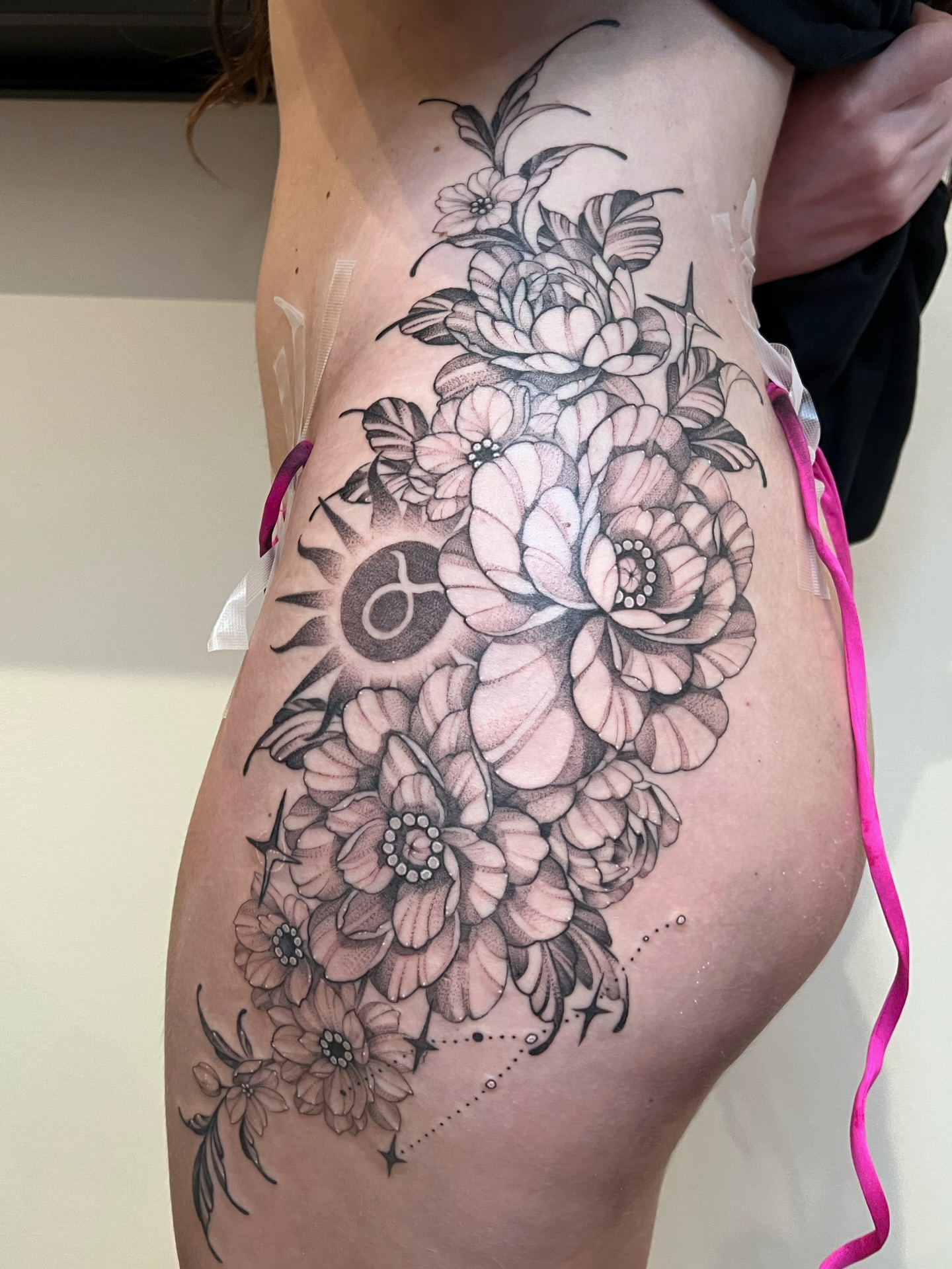 Floral bouquet realism tattoo on the thigh by ✮shayla ganong✮