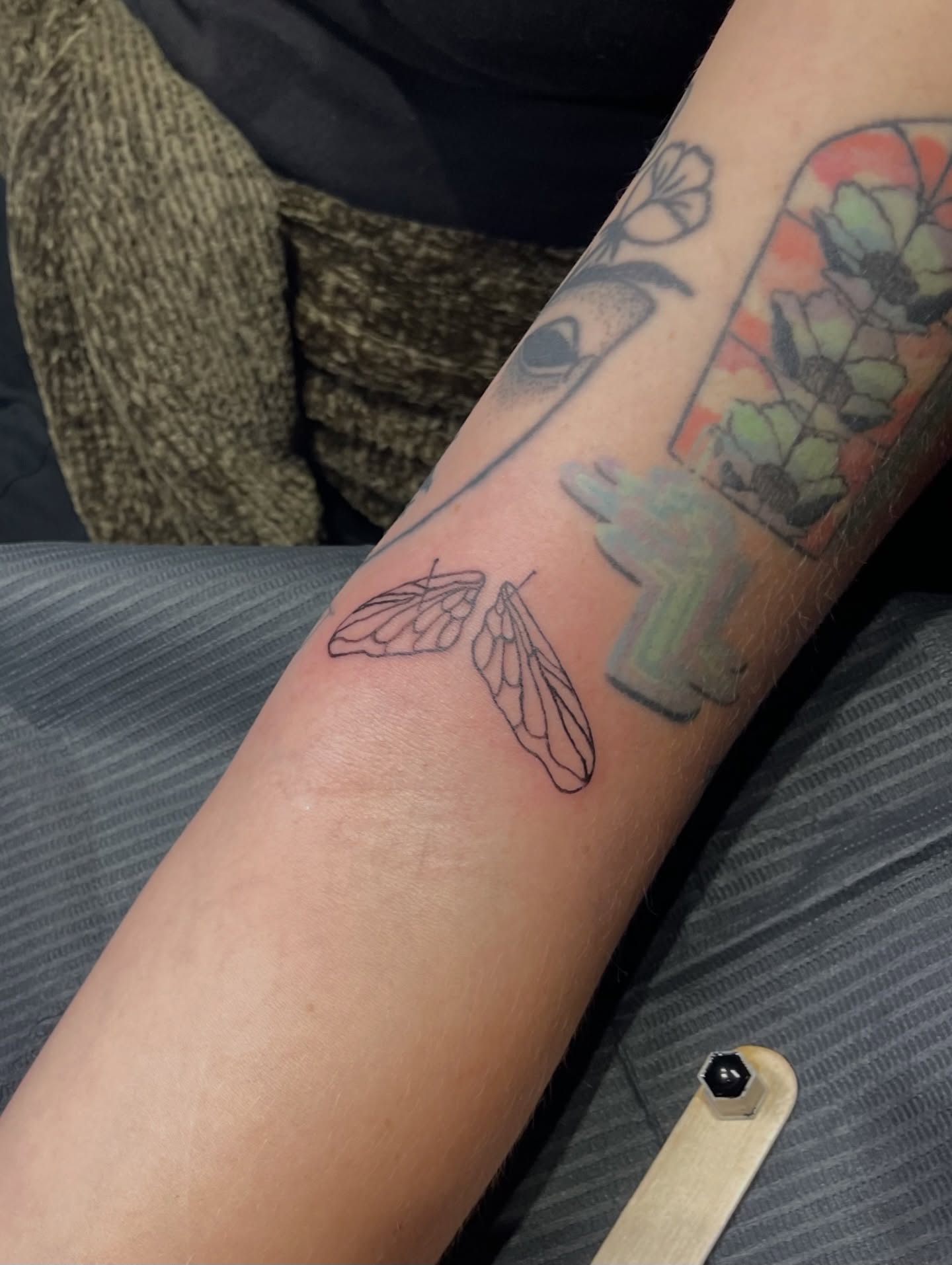 Butterfly black and grey tattoo on the forearm by Amy