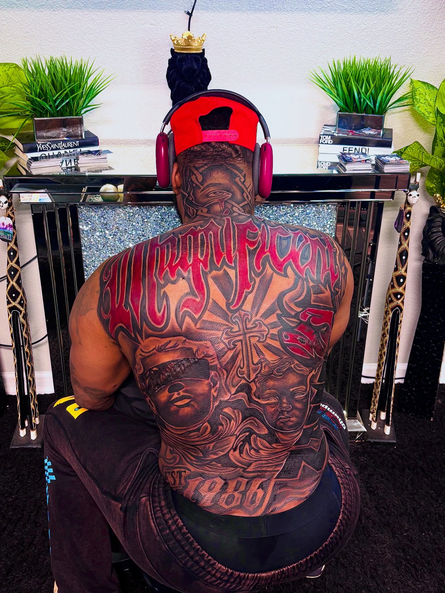 Religious imagery American traditional tattoo on the back by Deonte Dwayne Durham