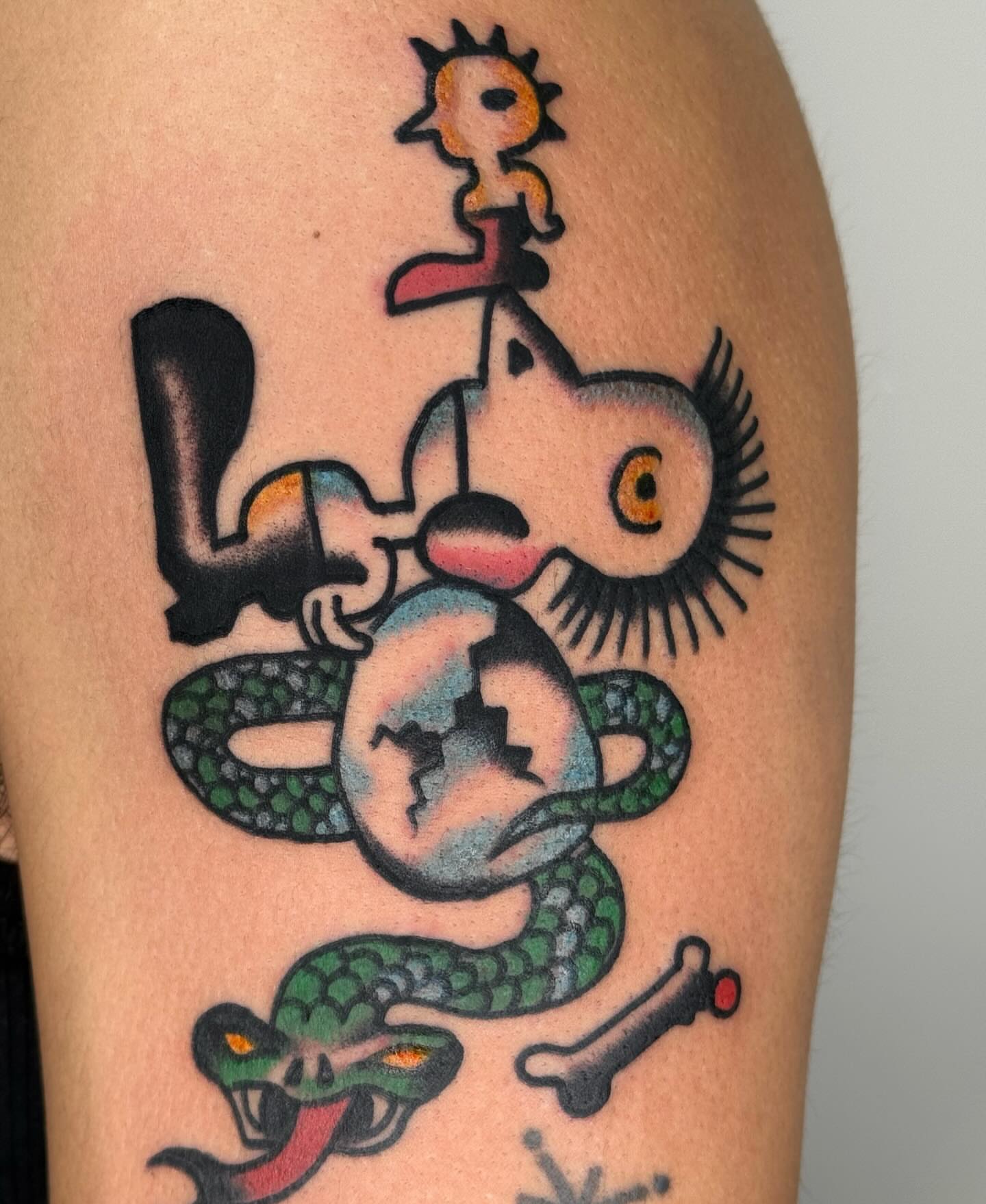 Snake and owl American traditional tattoo on the thigh by JAX