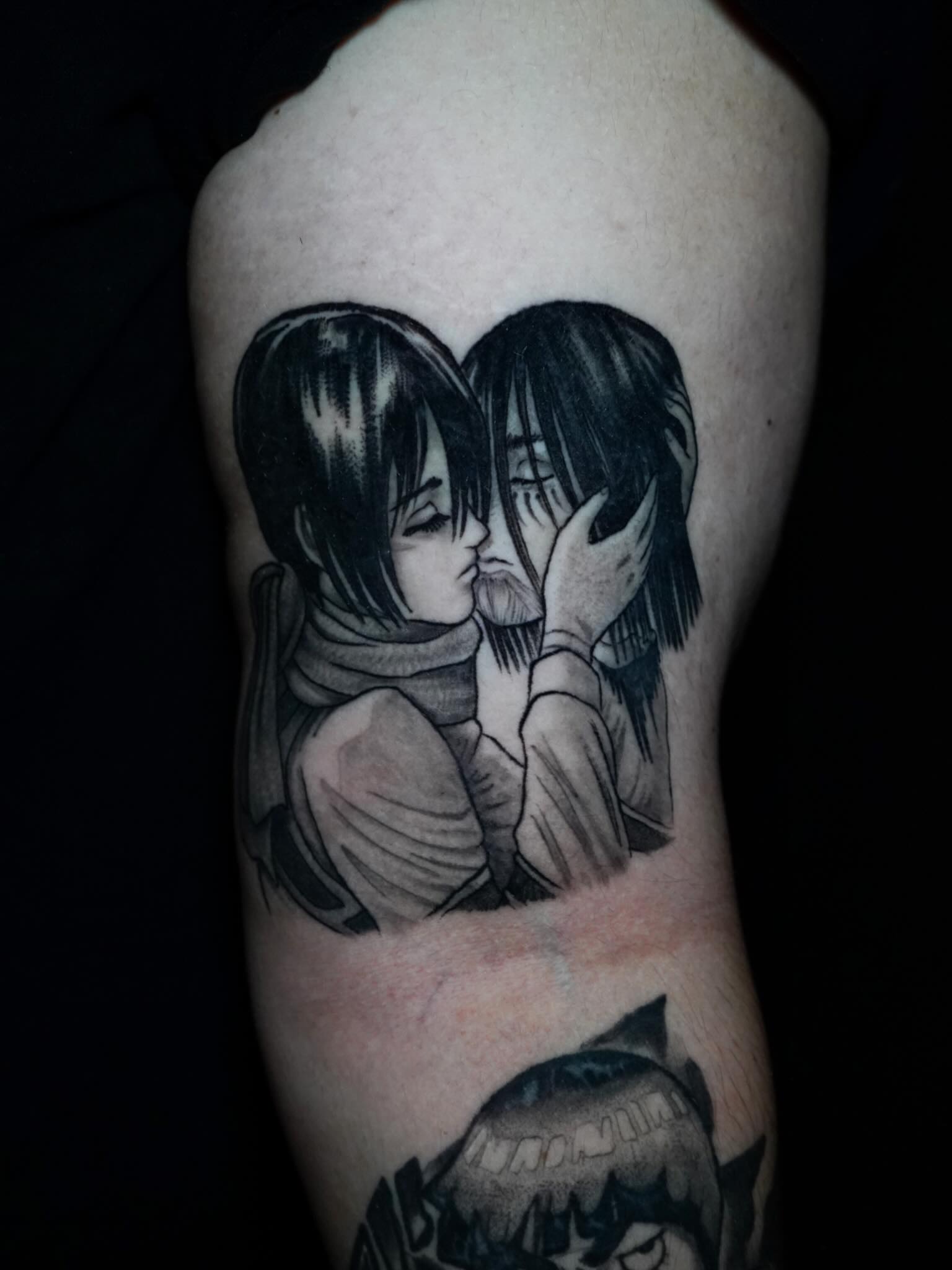 Tattoo by @medusaslaysss — anime, black_and_grey