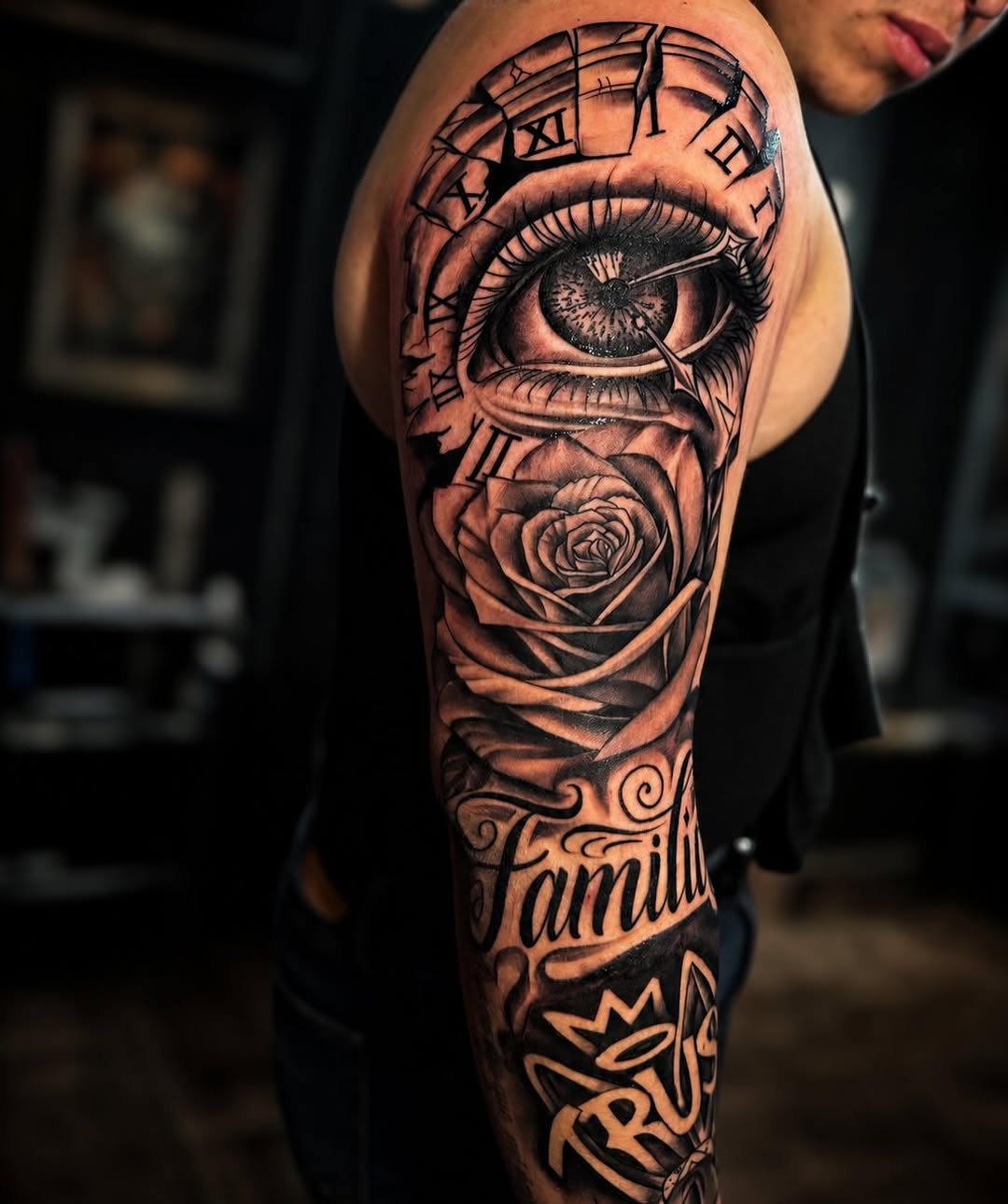 Eye, rose, clock, lettering surrealism tattoo on the forearm by PMU Artist