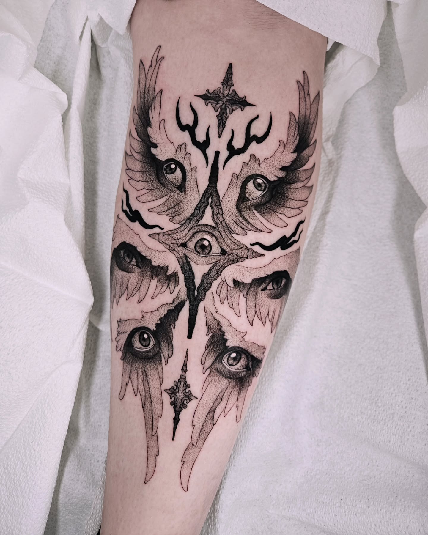 Tattoo by @fermented_ink — black_and_grey, geometric