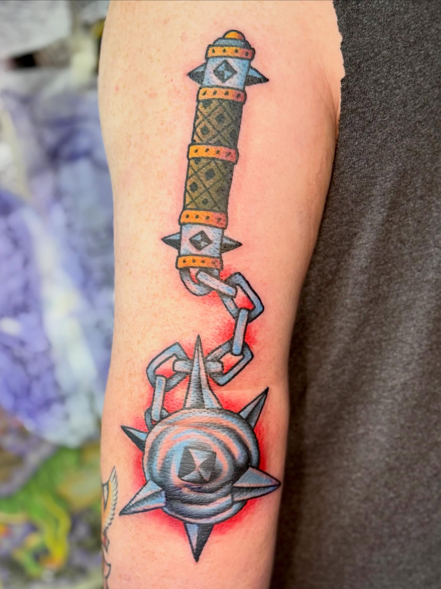 Chainmaille dagger geometric tattoo on the forearm by KevinBetsch