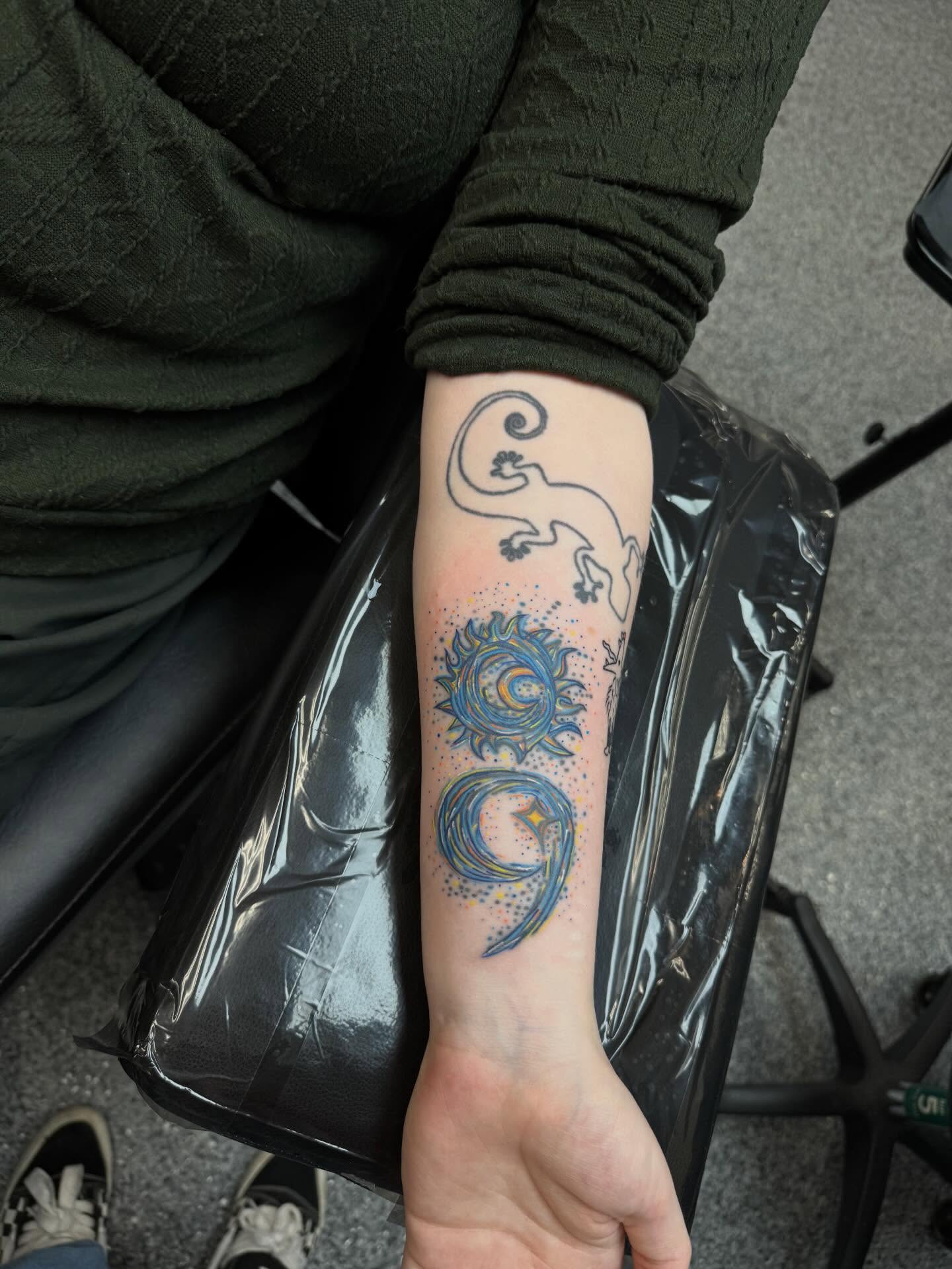 Solar system dotwork tattoo on the forearm by “tatsbysabby”