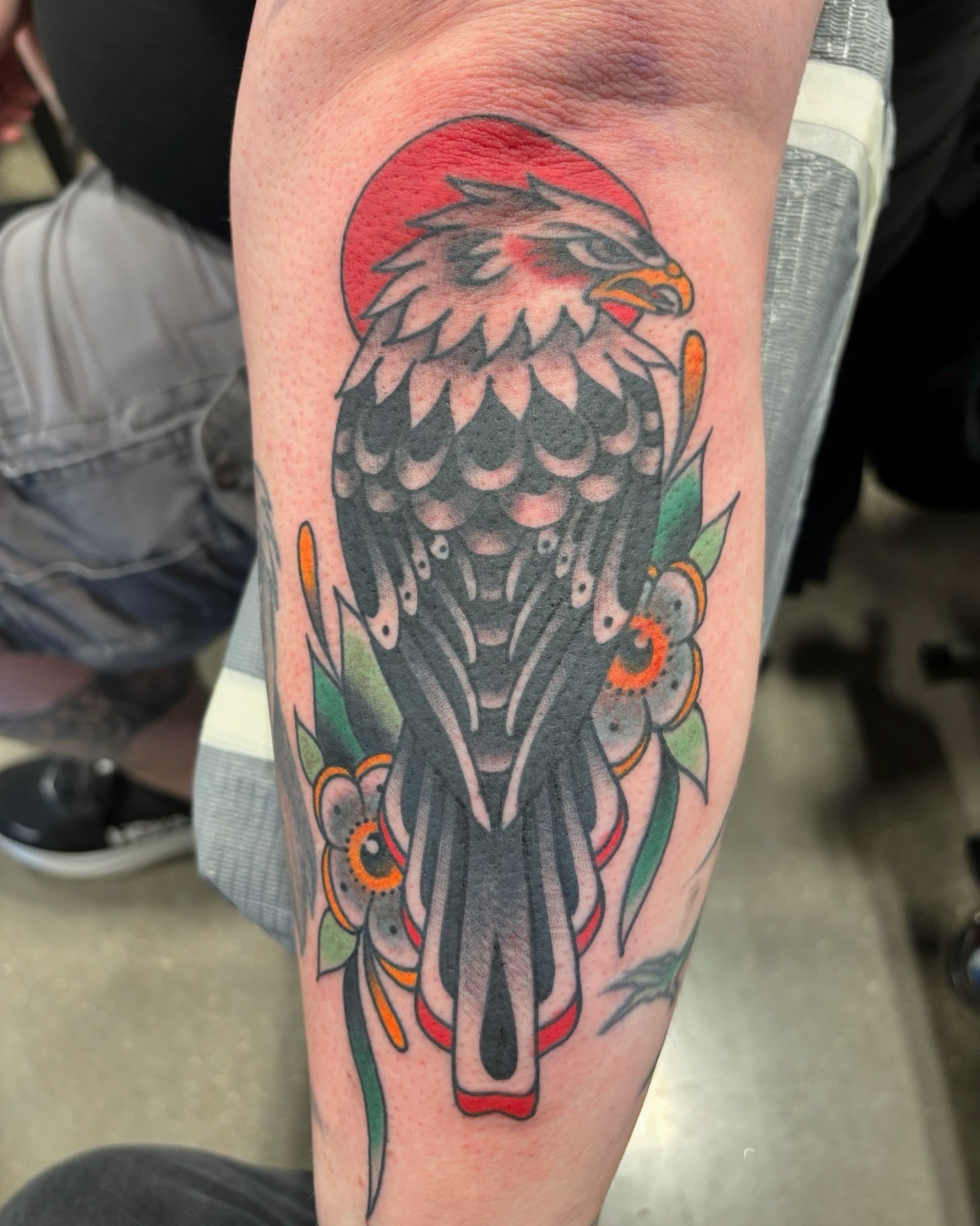 Hawk American traditional tattoo on the forearm by Cody Wallenius, Merrillville, Indiana