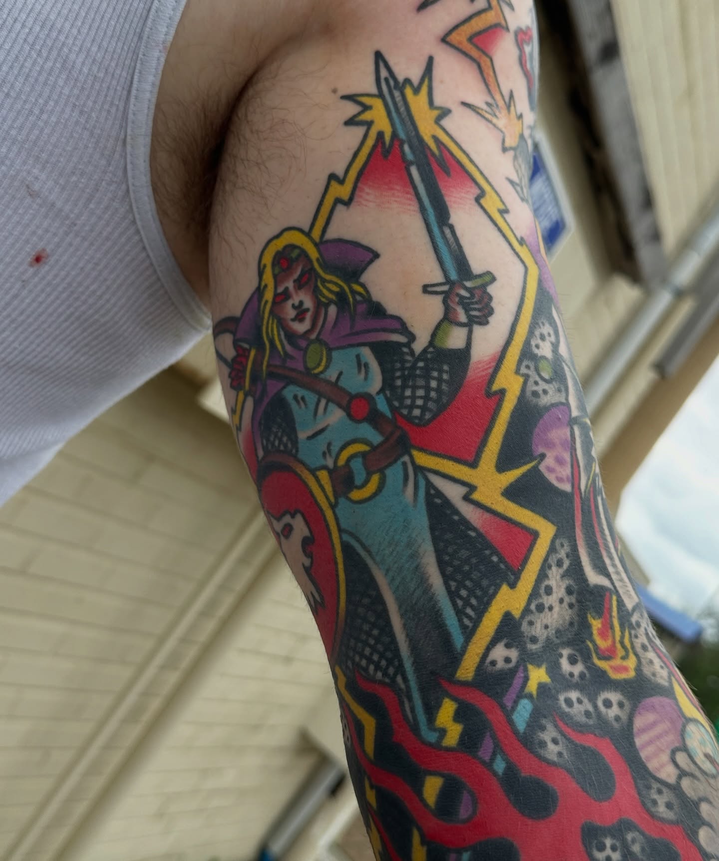 Warrior with sword American traditional tattoo on the forearm by Christian Rieben