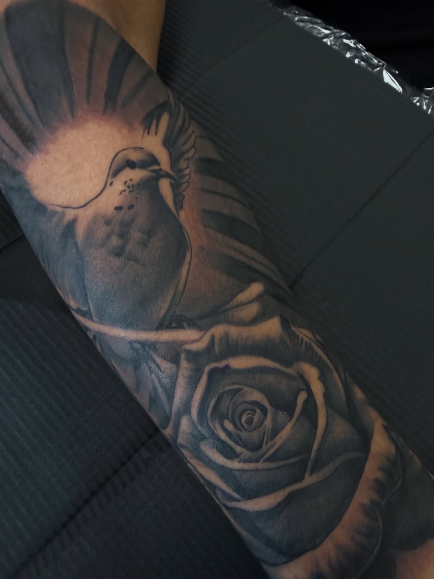 Dove and rose realism tattoo on the forearm by Michigan📍 Day Sessions $850, Wayne, Michigan