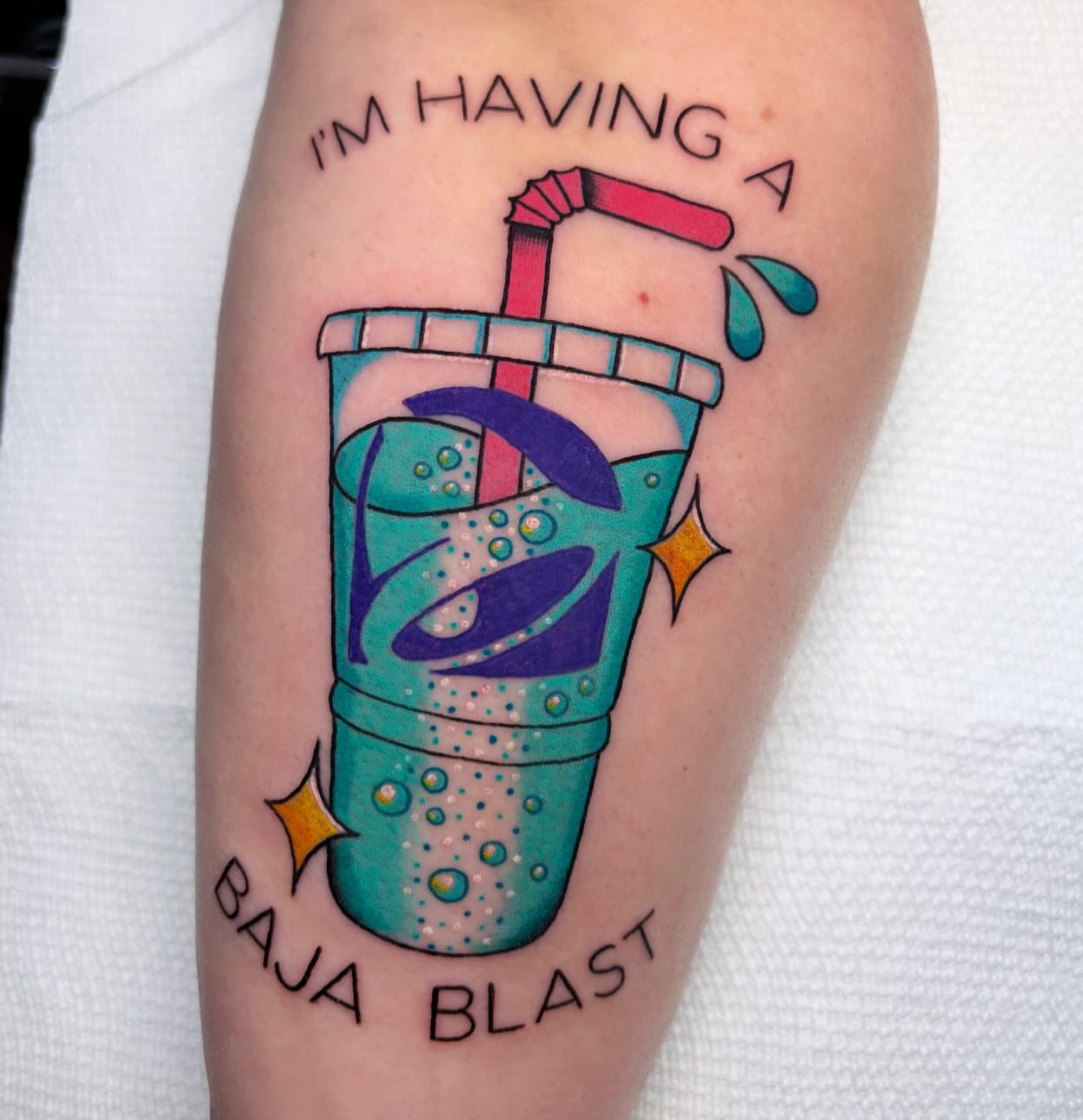 Baja blast drink new school tattoo on the forearm by Alena McDonald