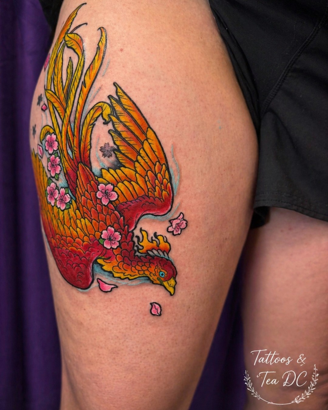 Phoenix and cherry blossoms new school tattoo on the thigh by Tattoos & Tea DC, Arlington, Virginia